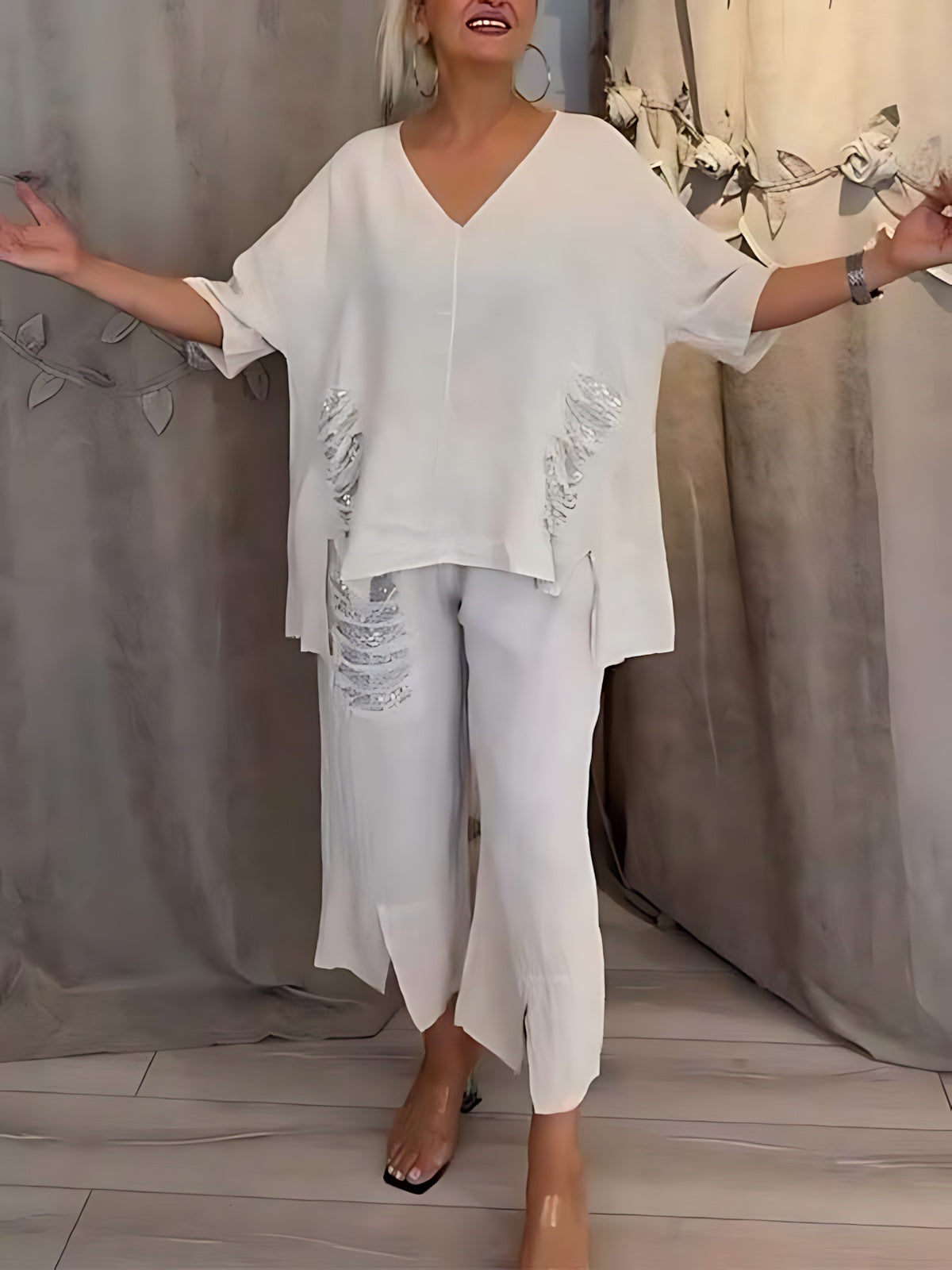 Emilia – Oversized V Neck Top and Wide Leg Pants Set