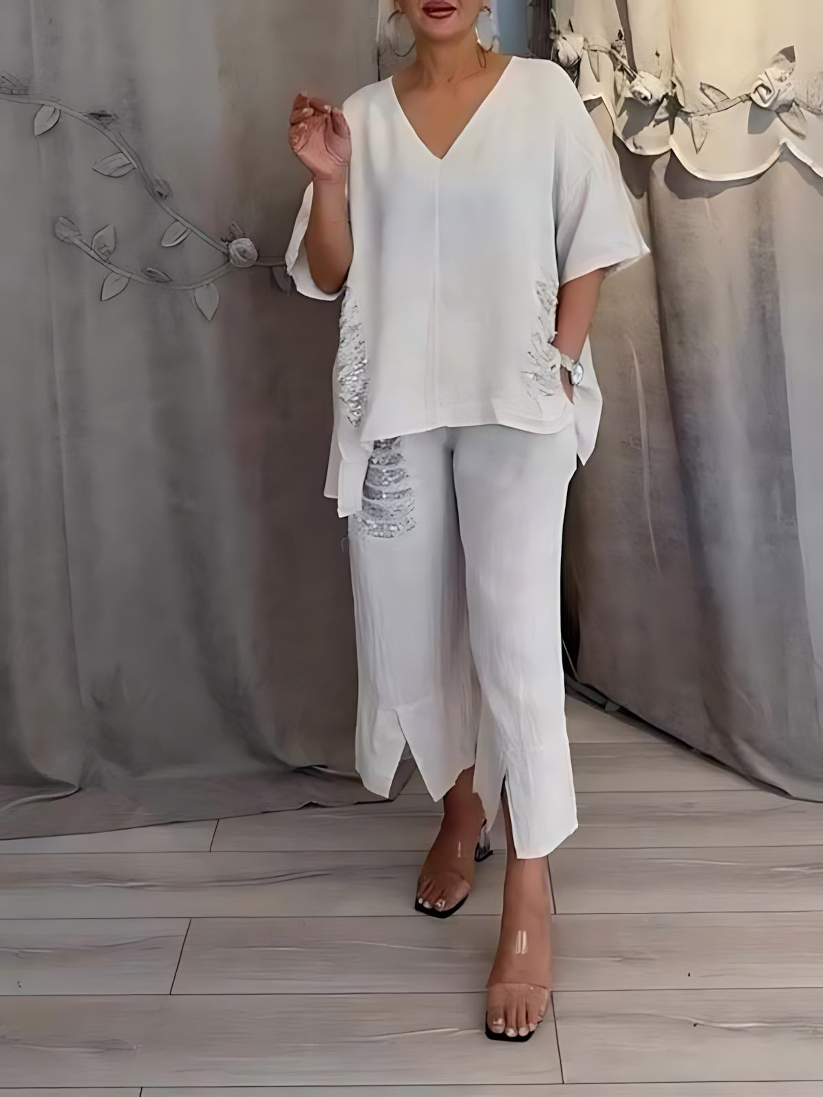 Emilia – Oversized V Neck Top and Wide Leg Pants Set