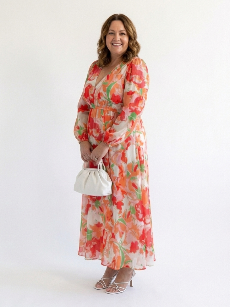 Maggie – Floral Print Long Sleeve Ruffle Maxi Dress
