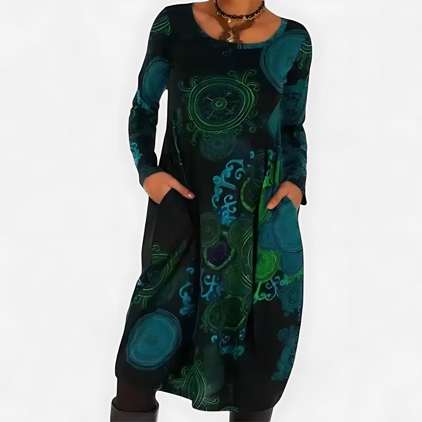 Emily – Abstract Print Long Sleeve Midi Dress
