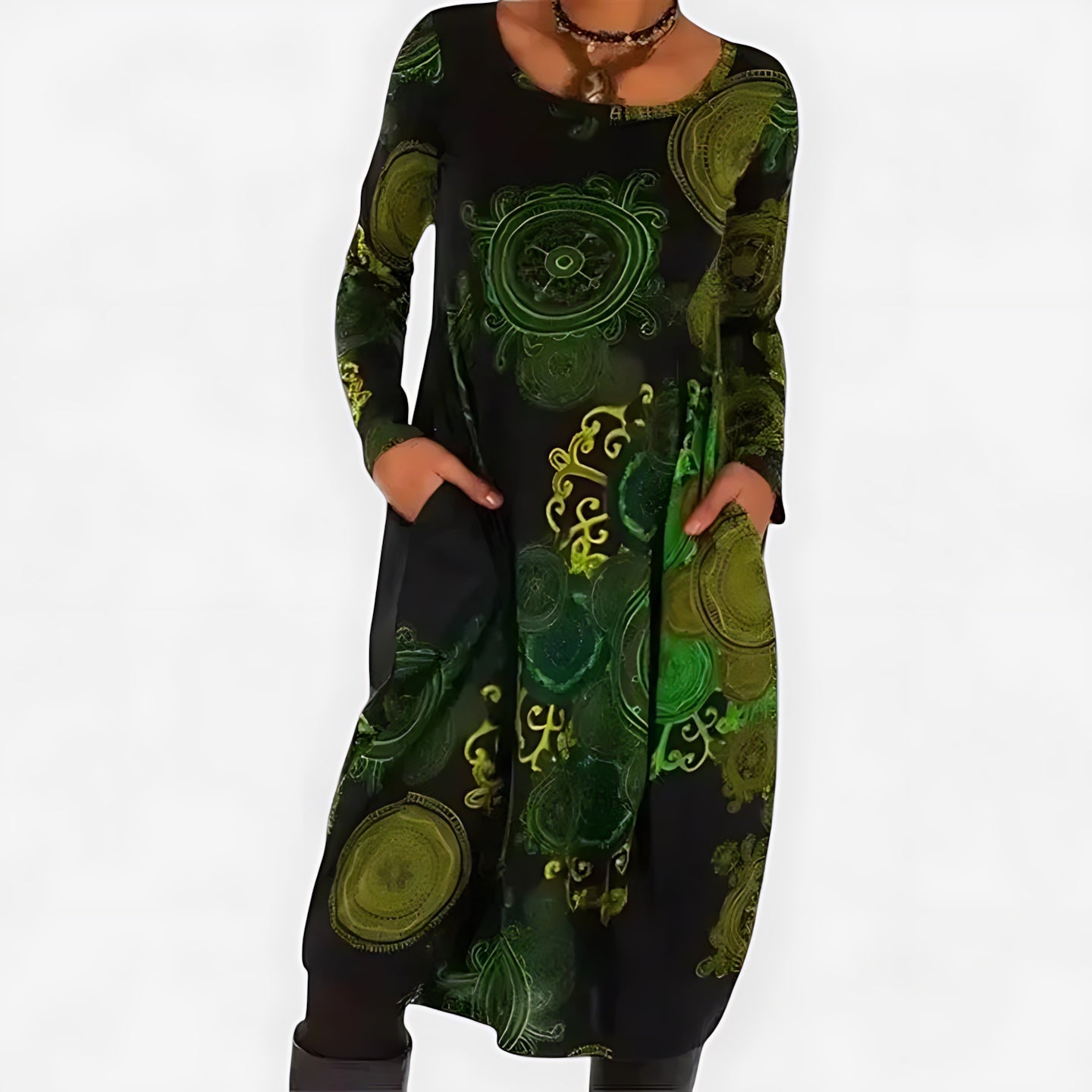 Emily – Abstract Print Long Sleeve Midi Dress