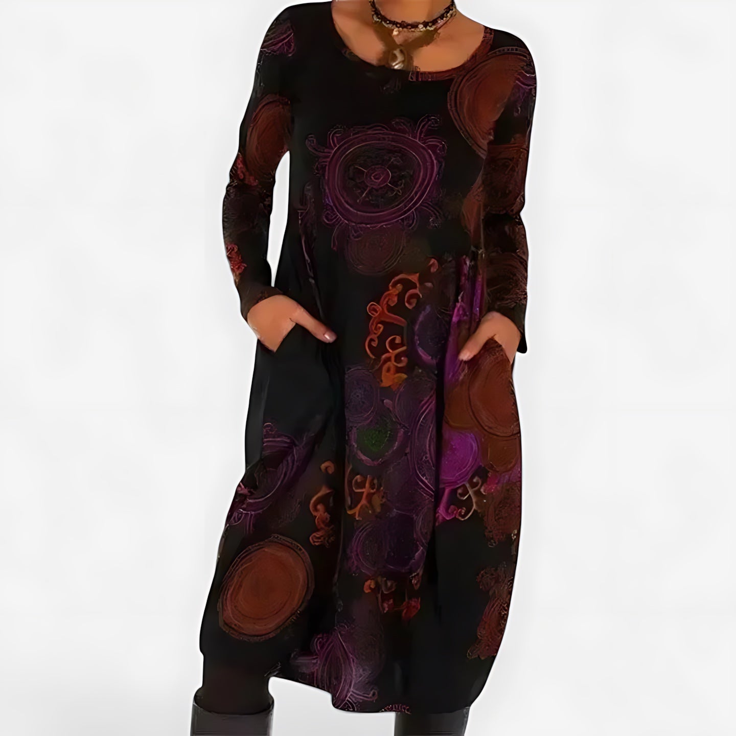 Emily – Abstract Print Long Sleeve Midi Dress