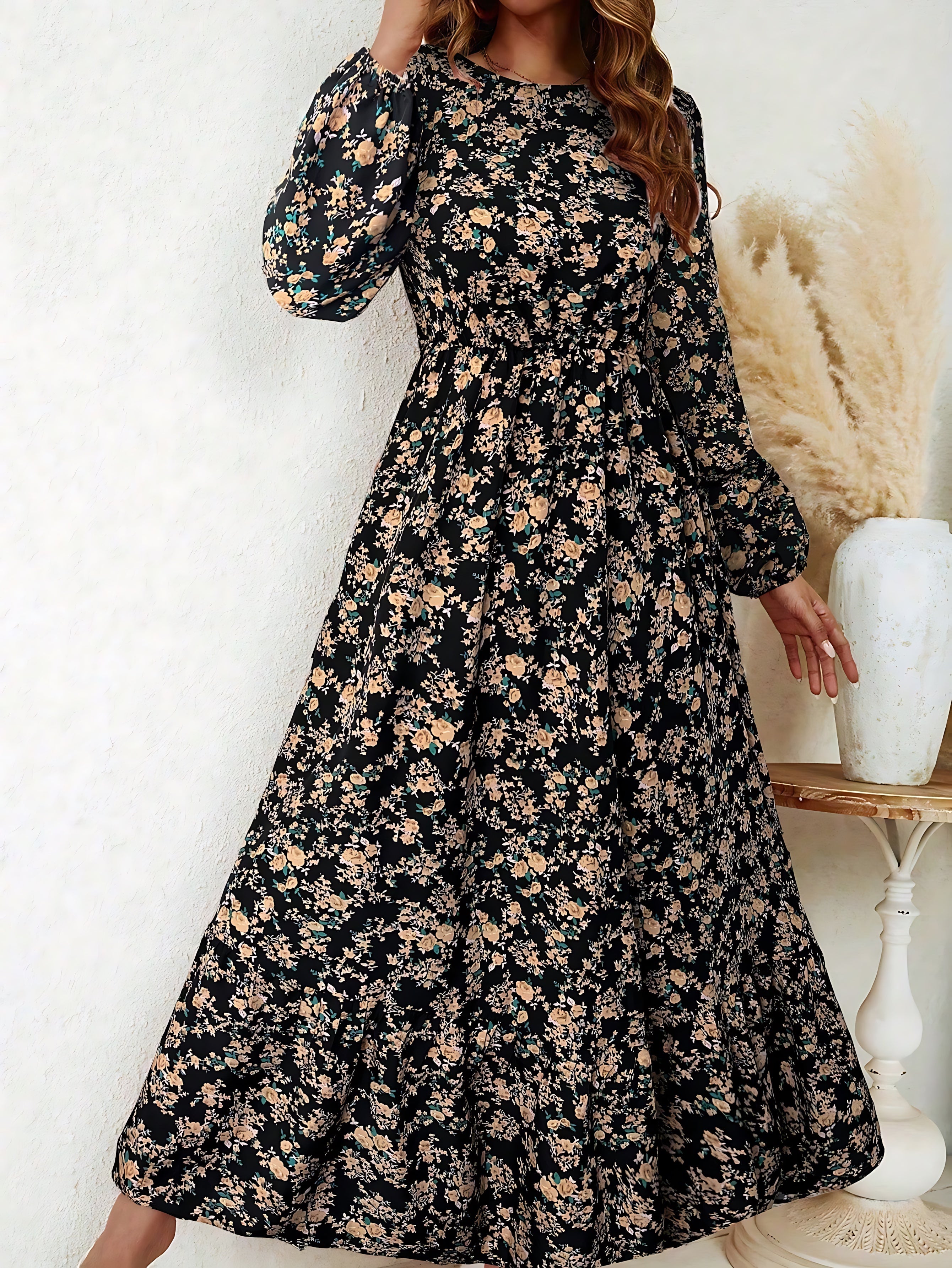 Emily – Floral Print Bishop Sleeve V Neck Maxi Dress