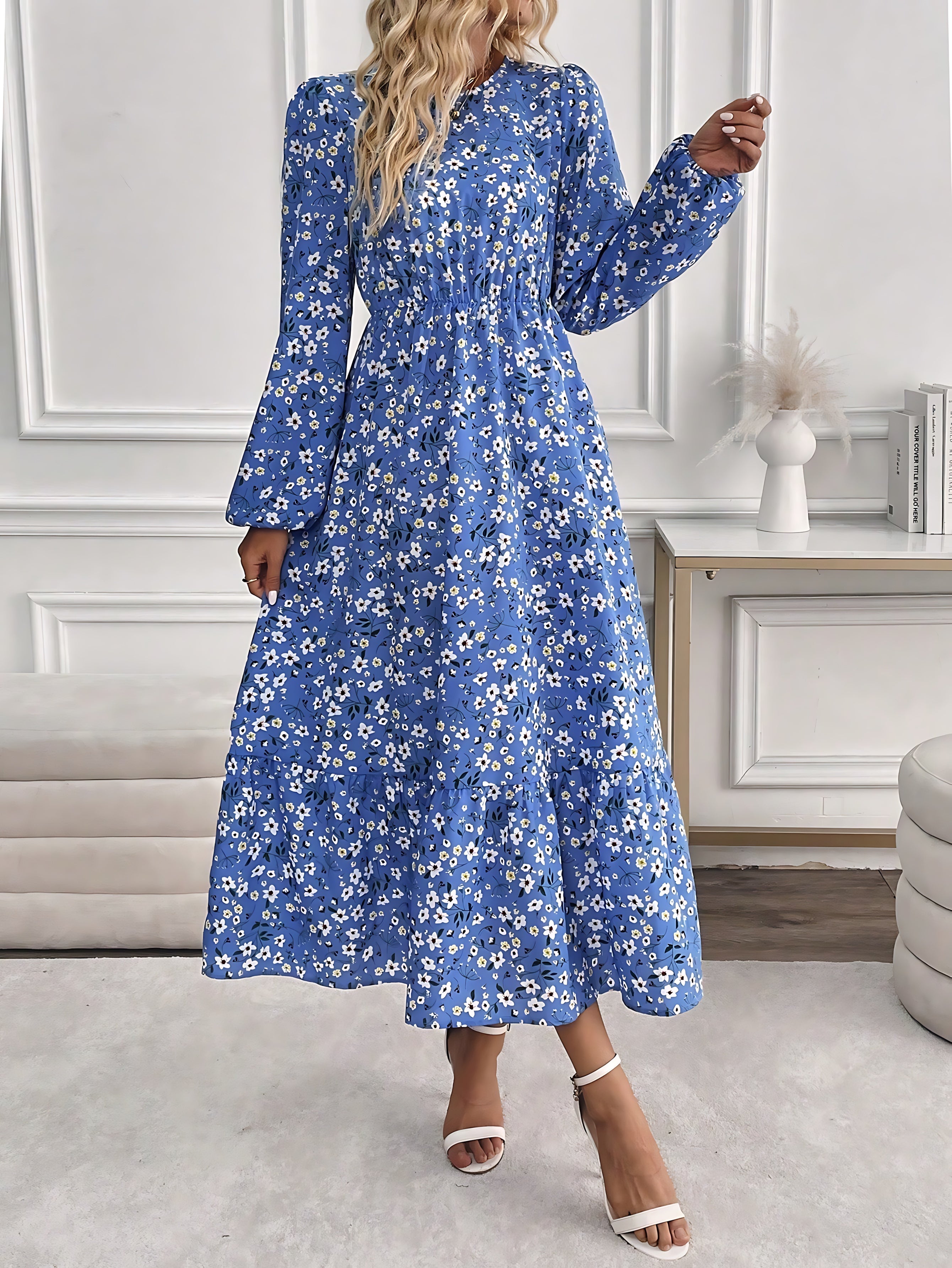 Emily – Floral Print Bishop Sleeve V Neck Maxi Dress