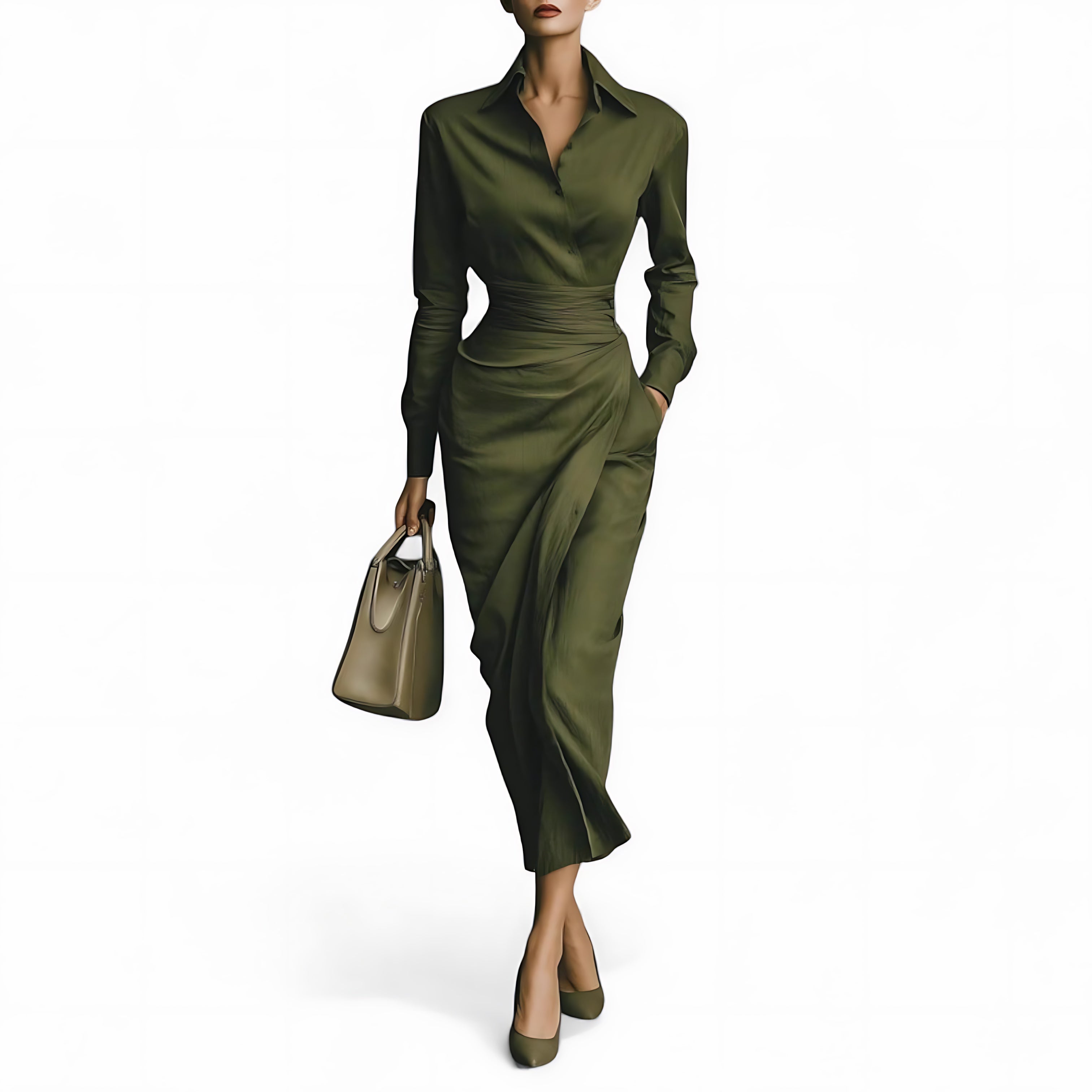 Emily – Long Sleeve Collared Wrap Midi Dress