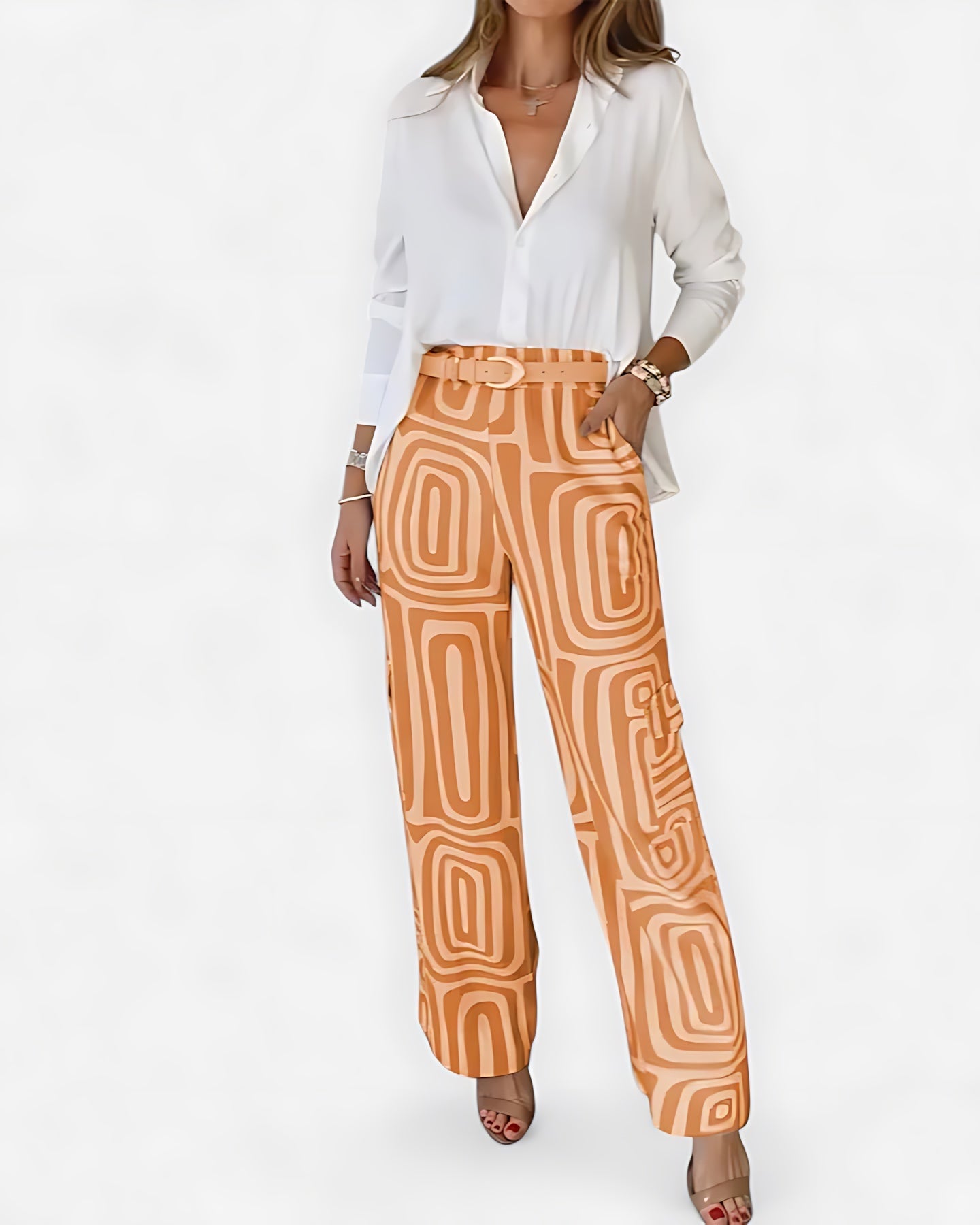 Emily – V Neck Blouse and Geometric Print Pants Set
