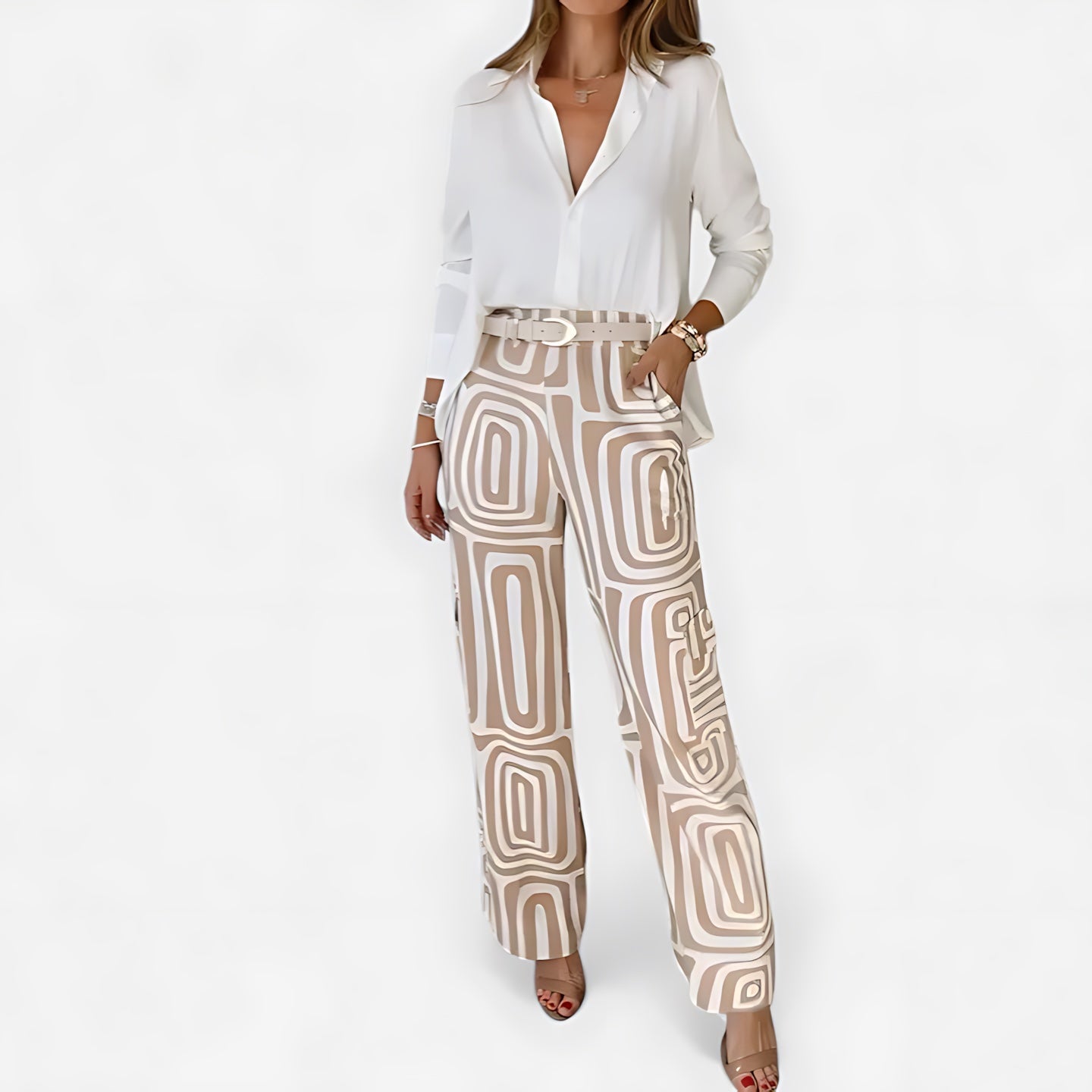 Emily – V Neck Blouse and Geometric Print Pants Set