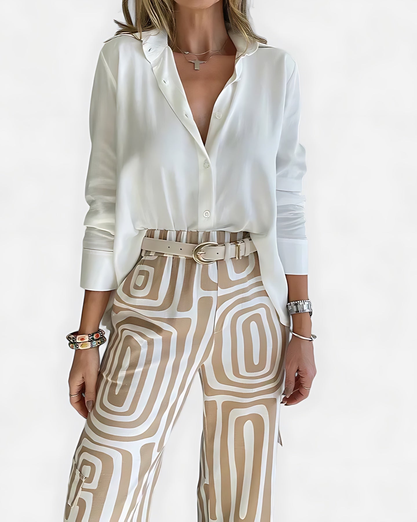 Emily – V Neck Blouse and Geometric Print Pants Set