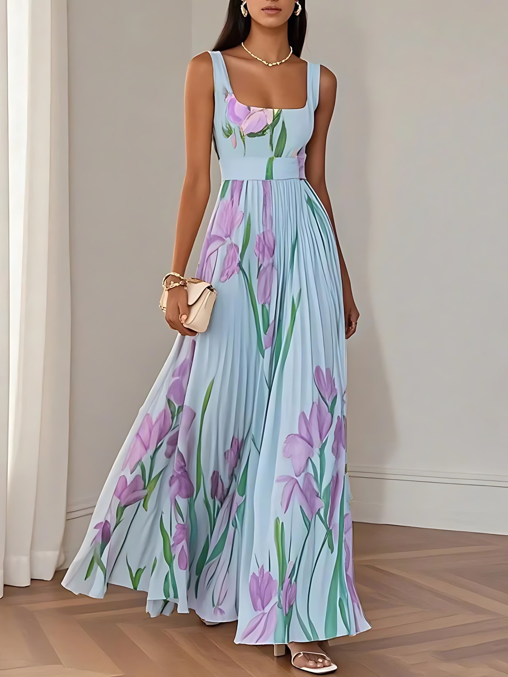 Emma – Floral Print Pleated Sweetheart Maxi Dress