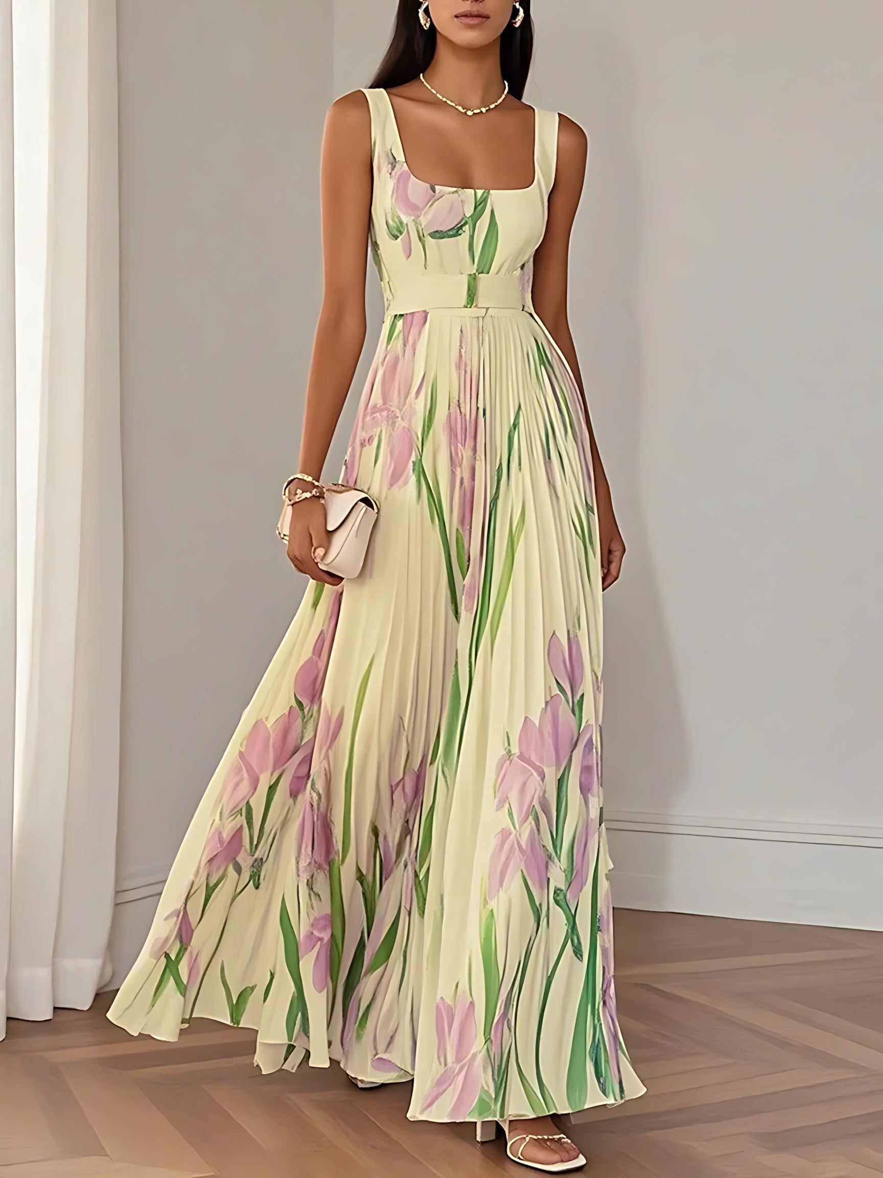 Emma – Floral Print Pleated Sweetheart Maxi Dress