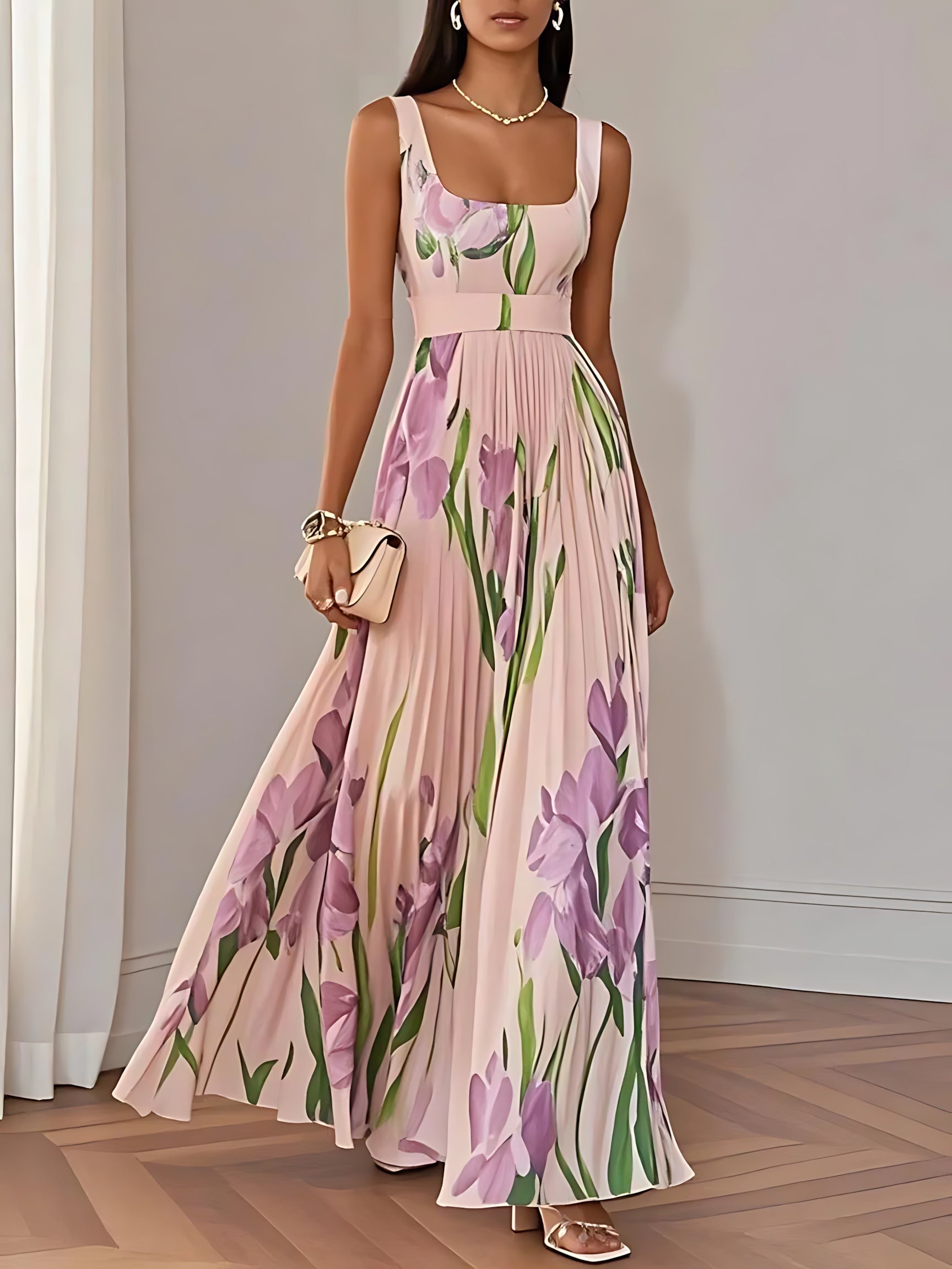 Emma – Floral Print Pleated Sweetheart Maxi Dress