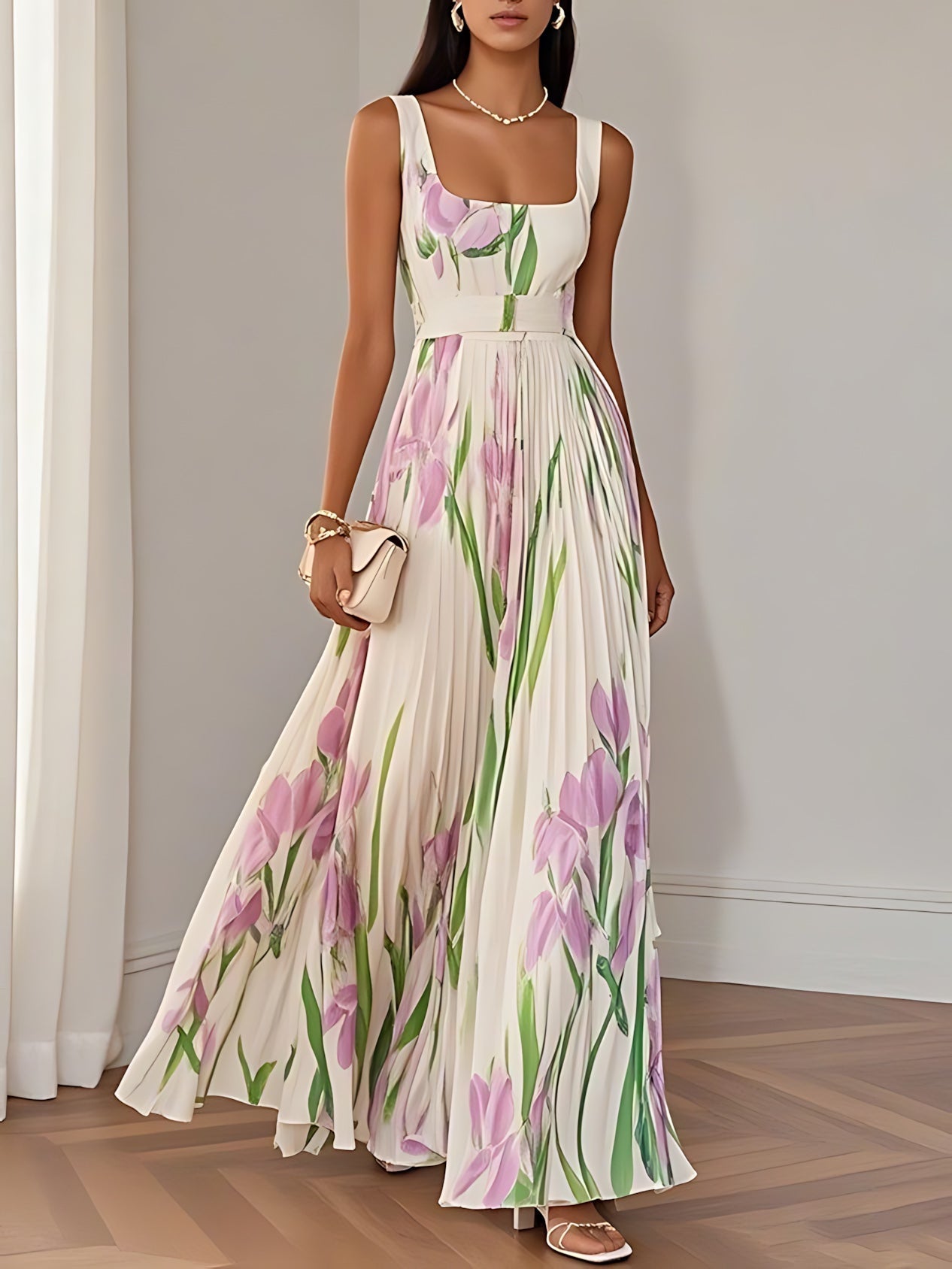 Emma – Floral Print Pleated Sweetheart Maxi Dress