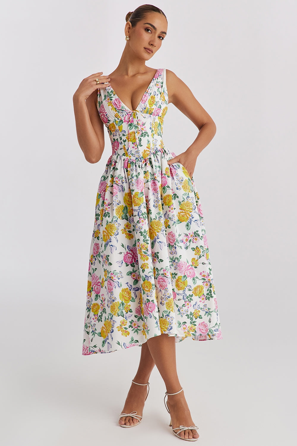 Journee – Floral Print V Neck A Line Summer Midi Dress
