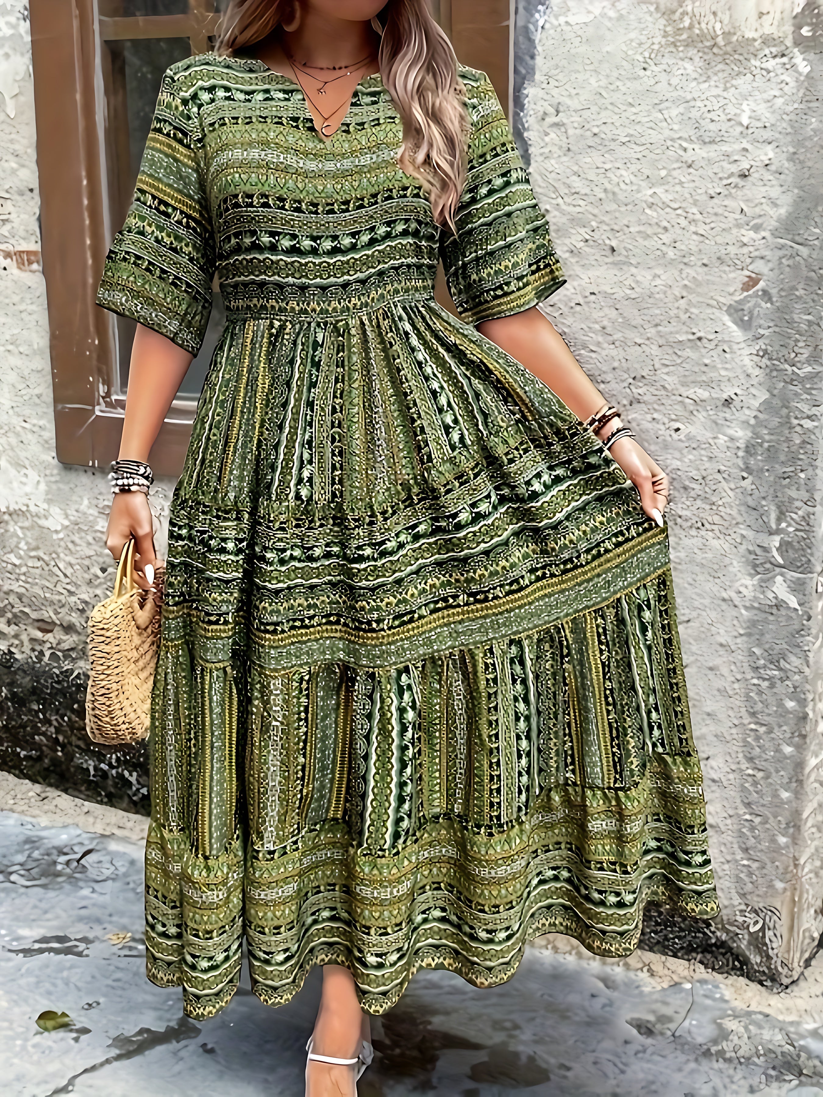 Estella – Boho Print Smocked Tiered Midi Dress