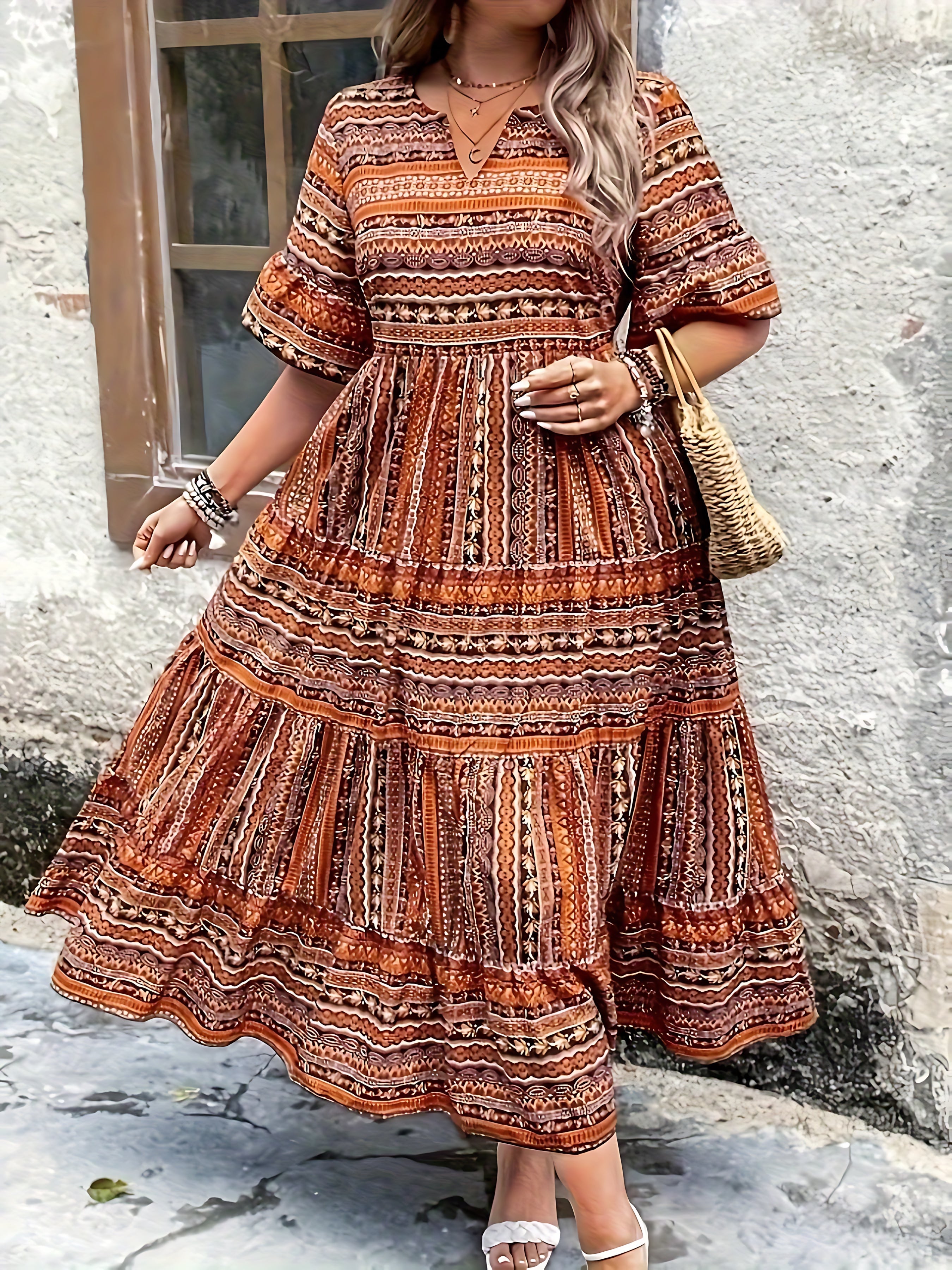 Estella – Boho Print Smocked Tiered Midi Dress