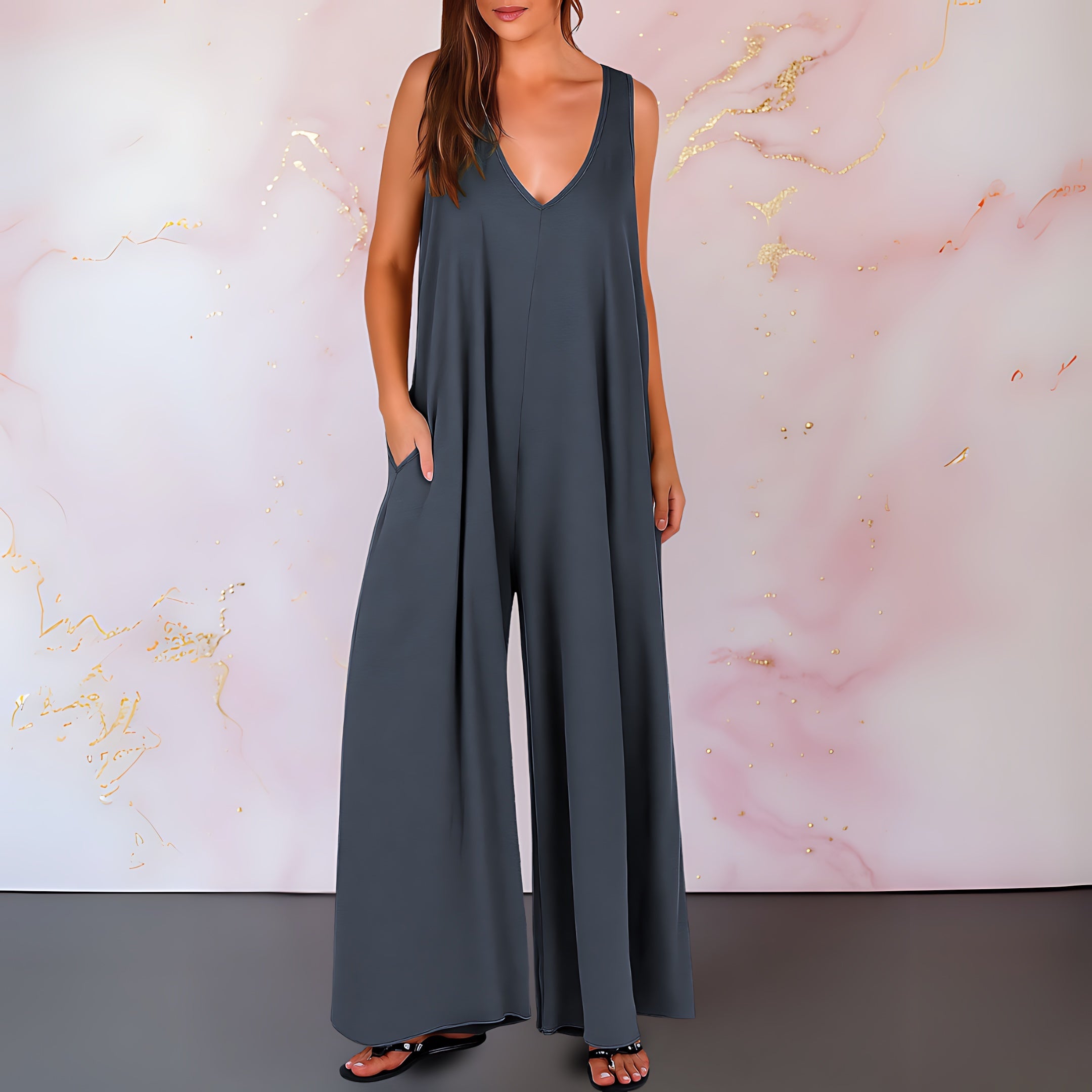 Estella – Deep V Neck Loose Fit Wide Leg Jumpsuit