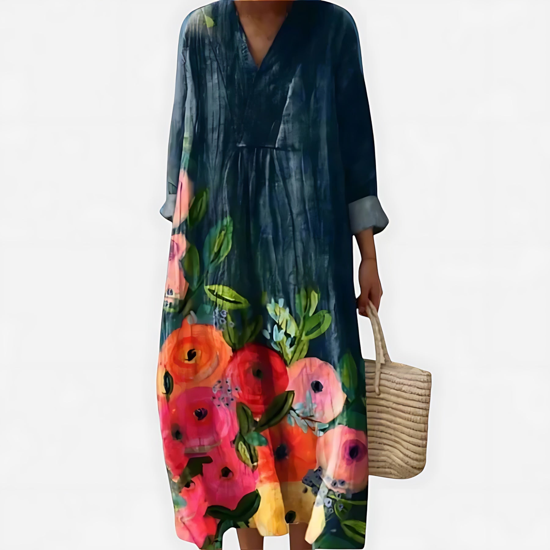 Eva – Floral Print V Neck Long Sleeve Maxi Dress