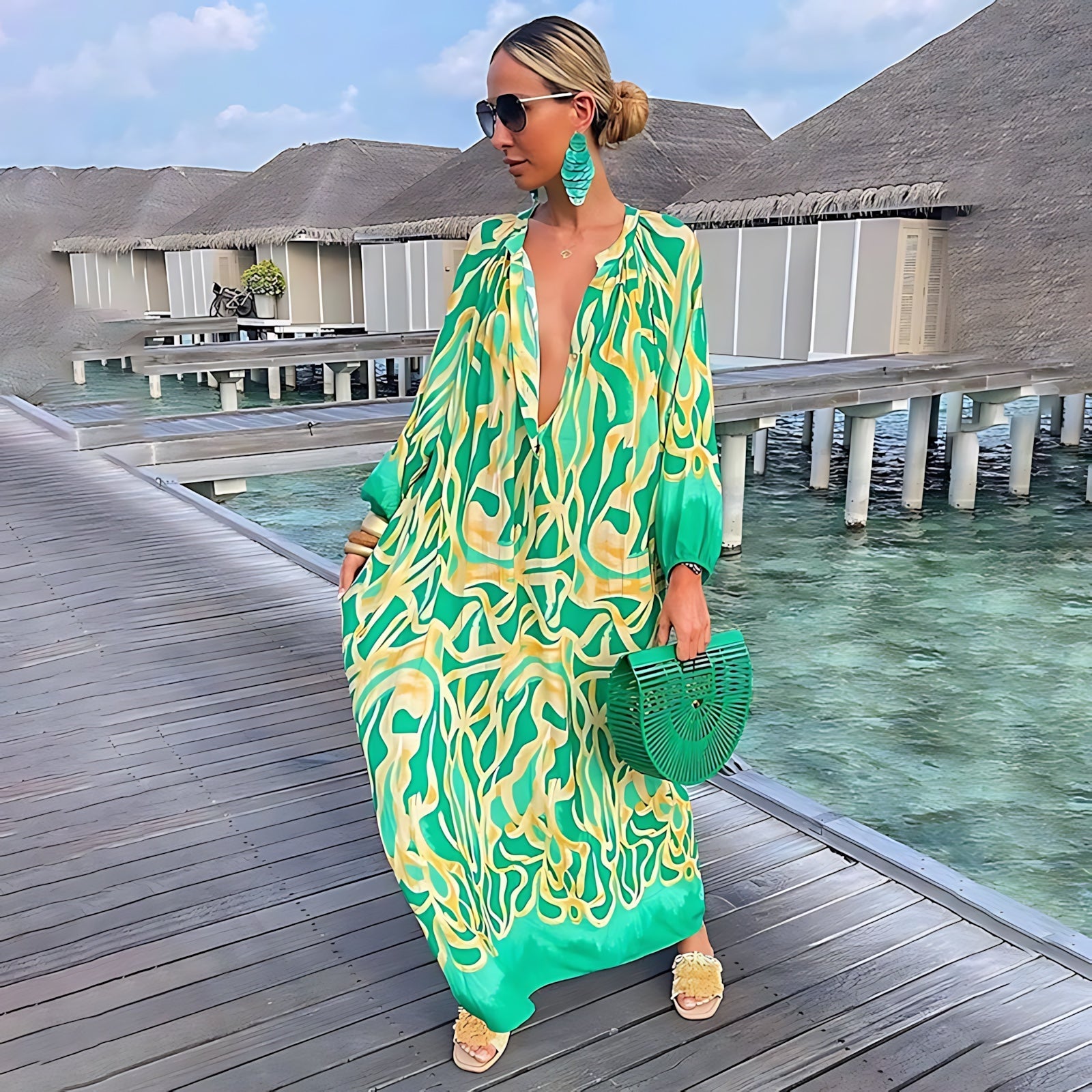 Evangeline – Abstract Print V Neck Kaftan Maxi Dress
