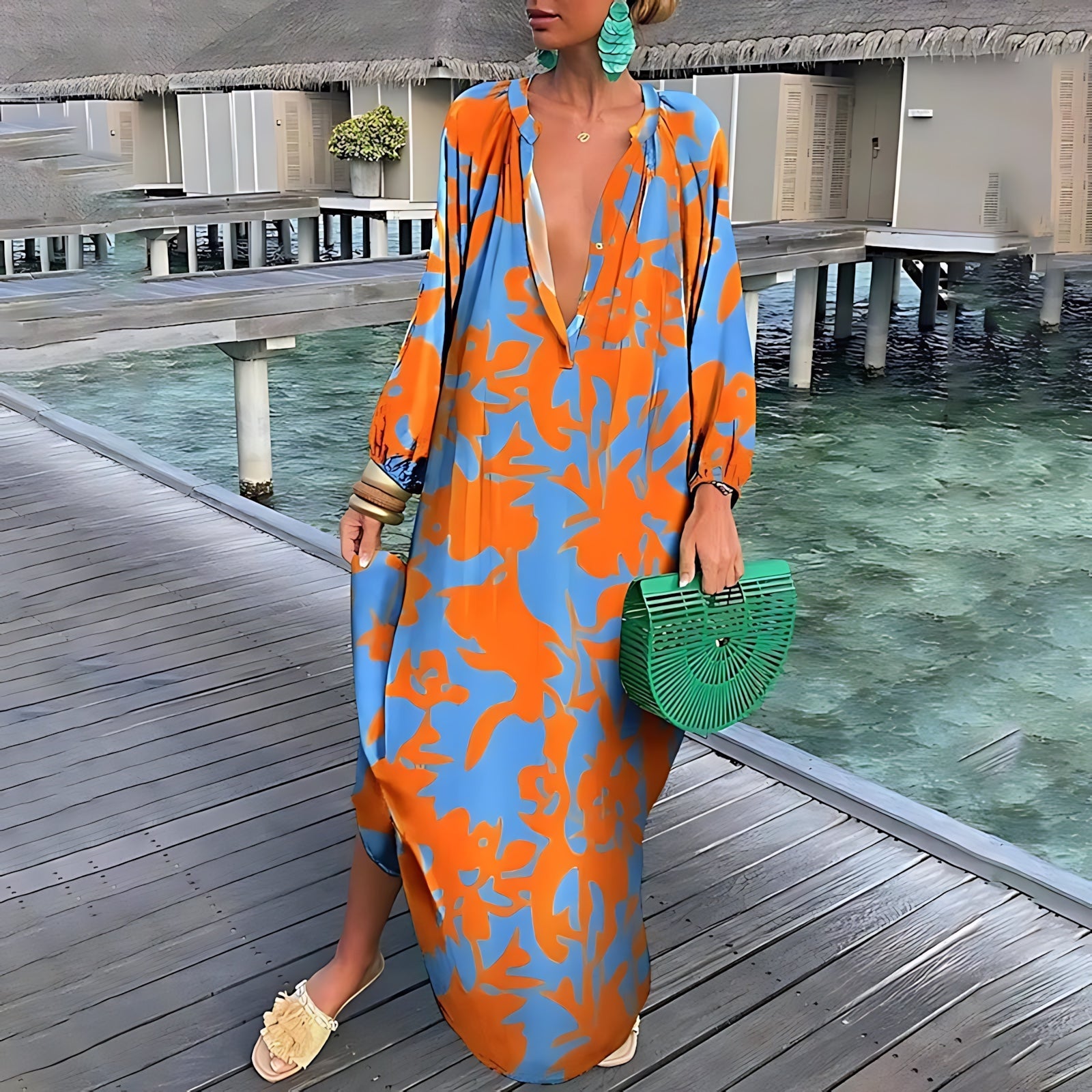 Evangeline – Abstract Print V Neck Kaftan Maxi Dress