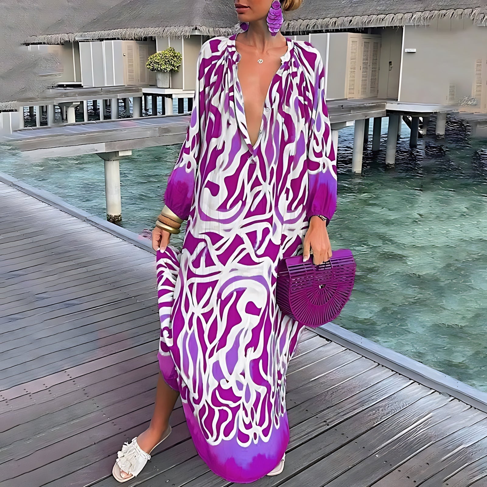 Evangeline – Abstract Print V Neck Kaftan Maxi Dress