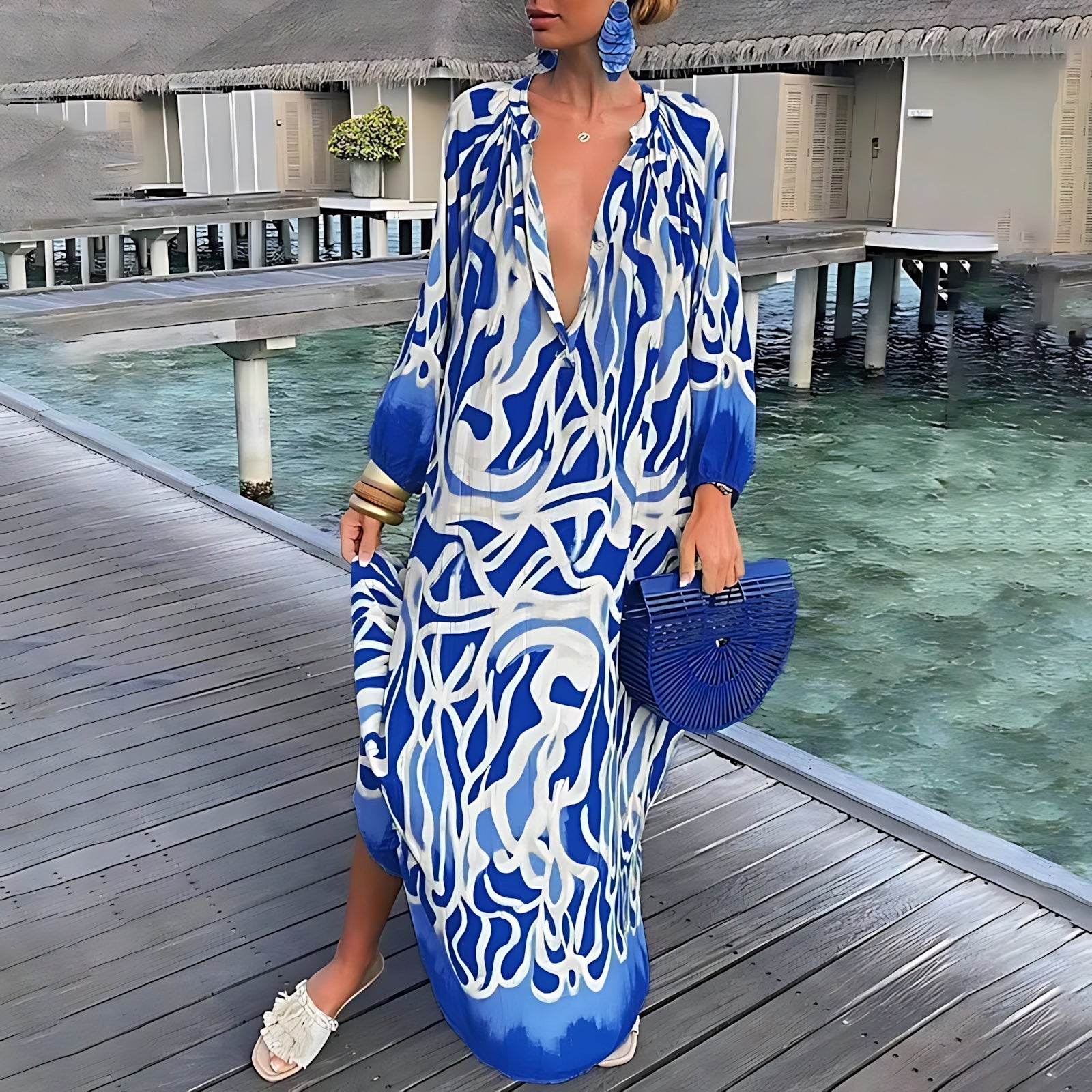 Evangeline – Abstract Print V Neck Kaftan Maxi Dress