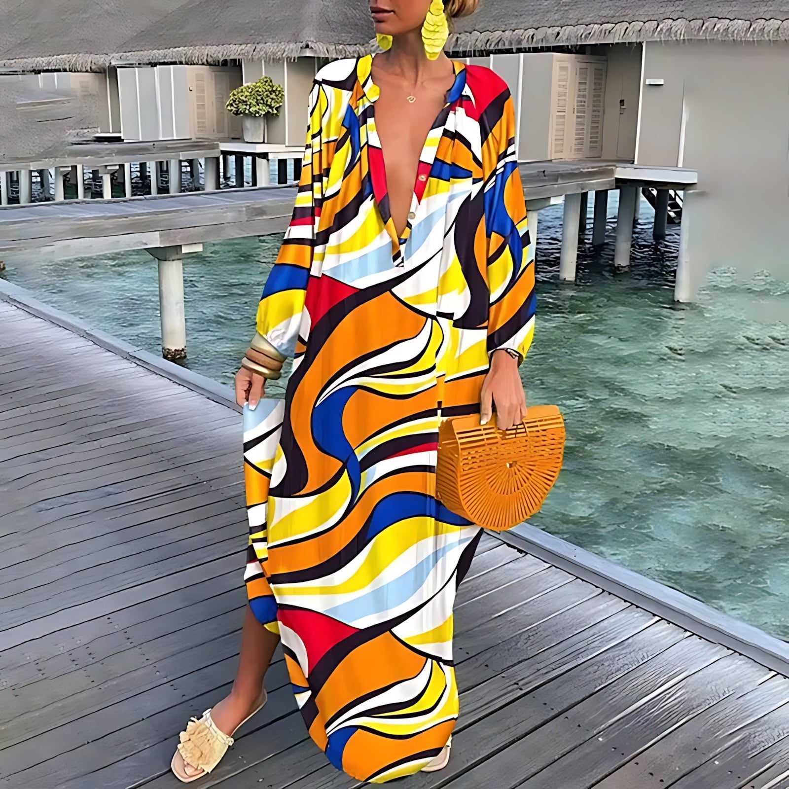 Evangeline – Abstract Print V Neck Kaftan Maxi Dress