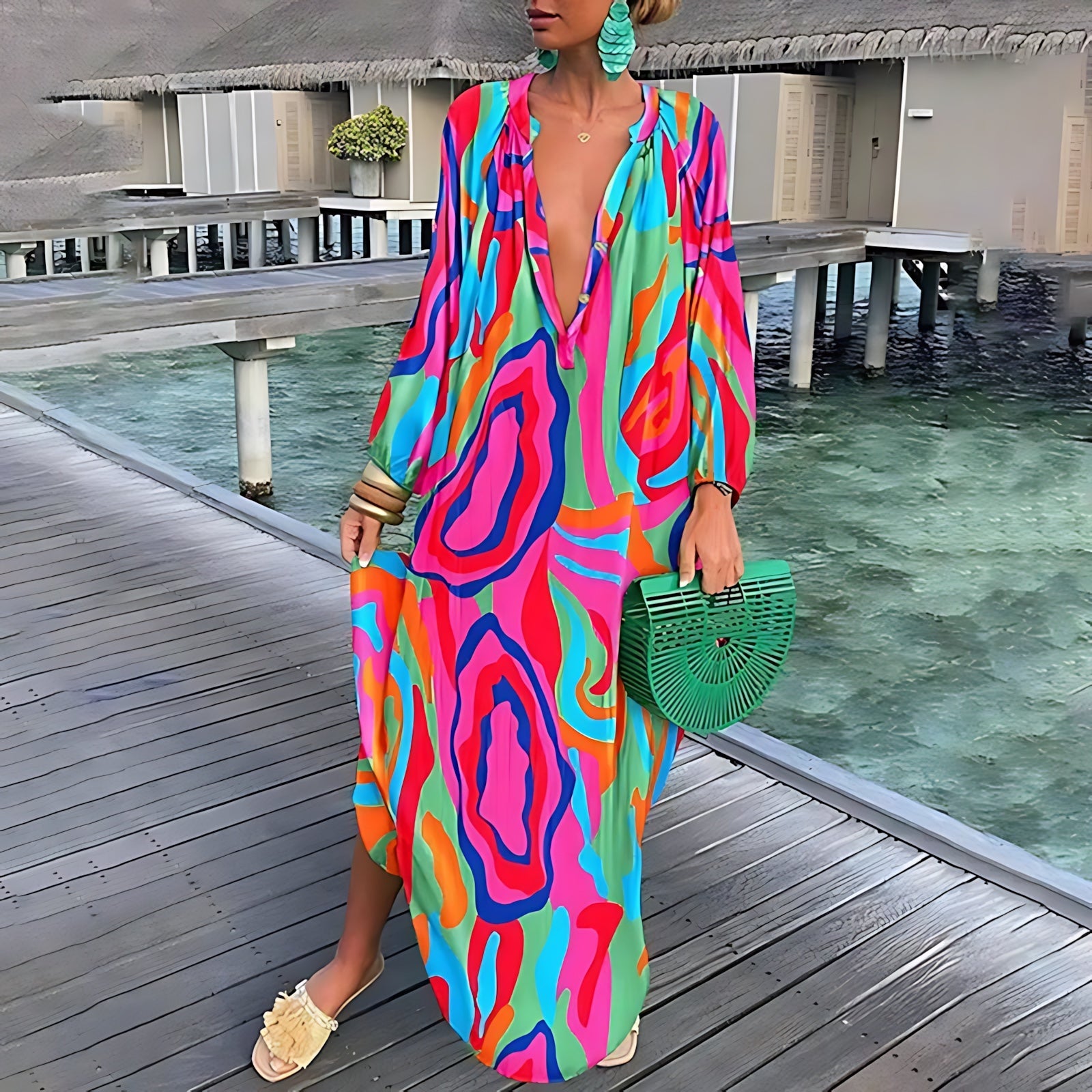 Evangeline – Abstract Print V Neck Kaftan Maxi Dress