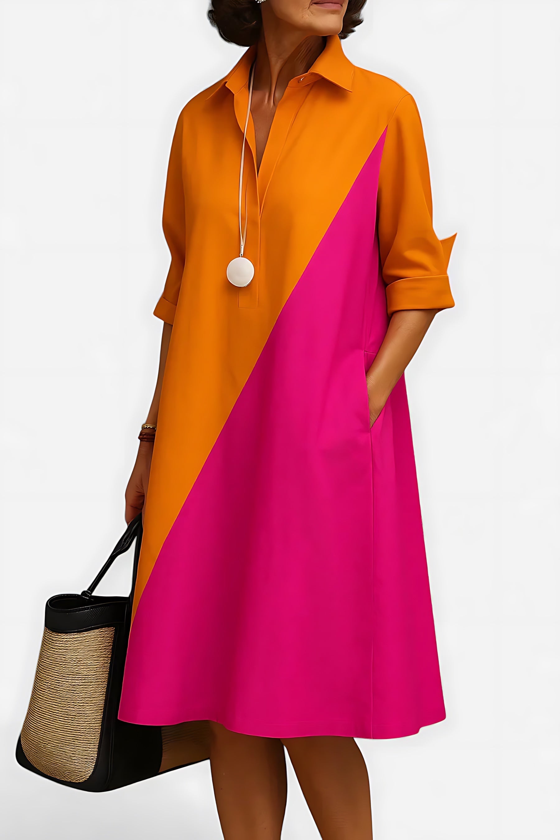 Evangeline – Colorblock Collared Midi Shirt Dress