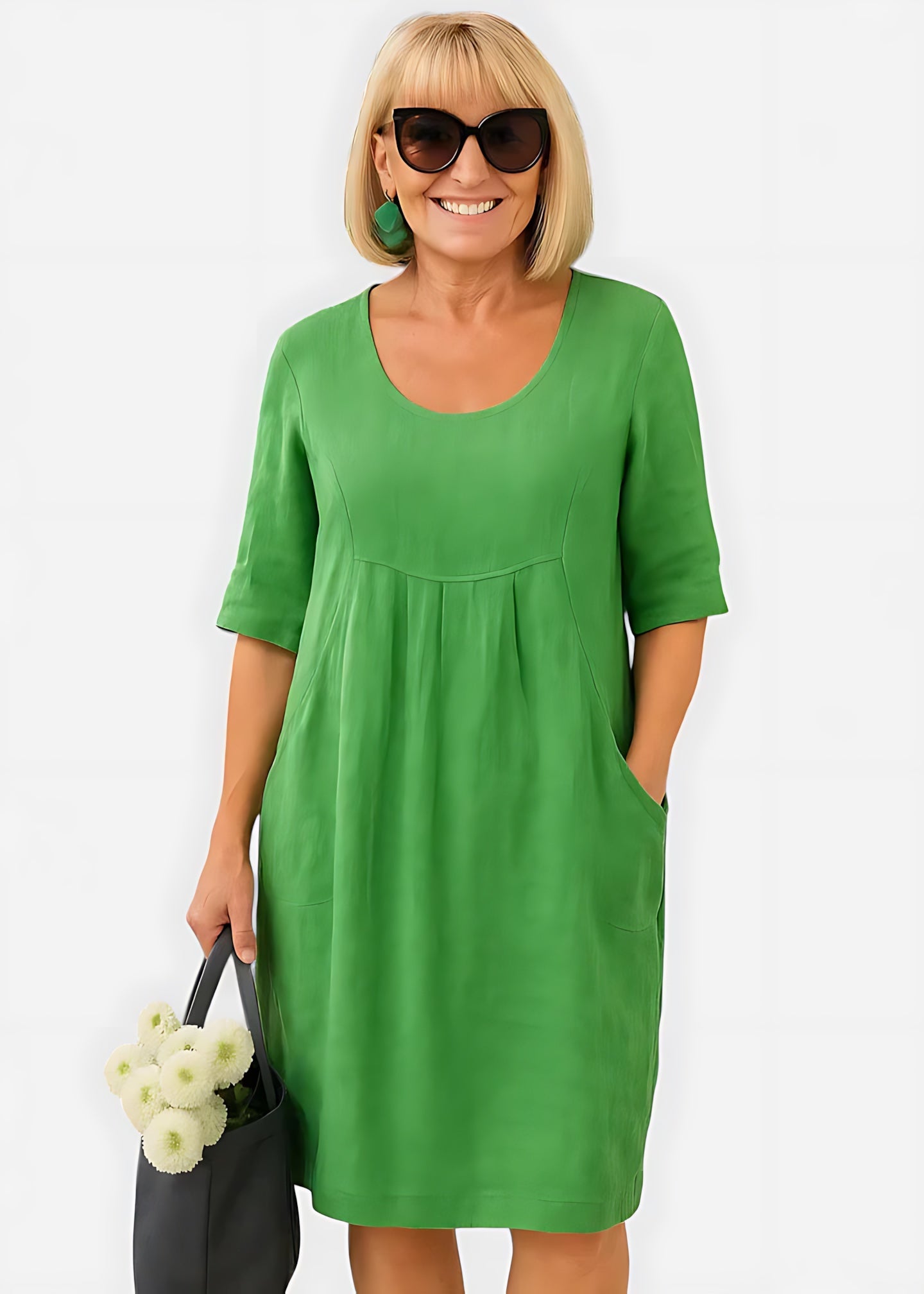 Evangeline – Ruched Front Crew Neck Summer Midi Dress