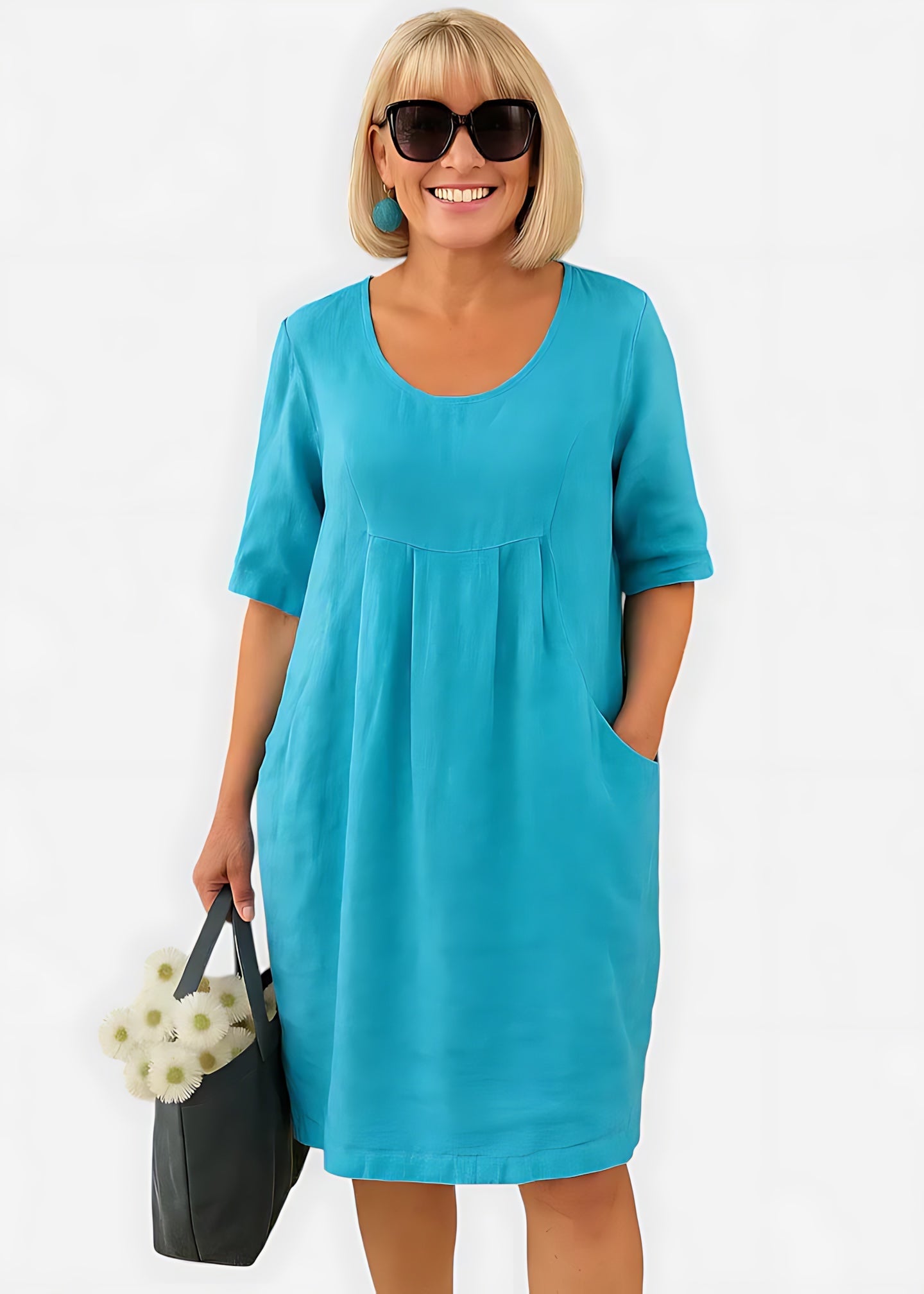Evangeline – Ruched Front Crew Neck Summer Midi Dress