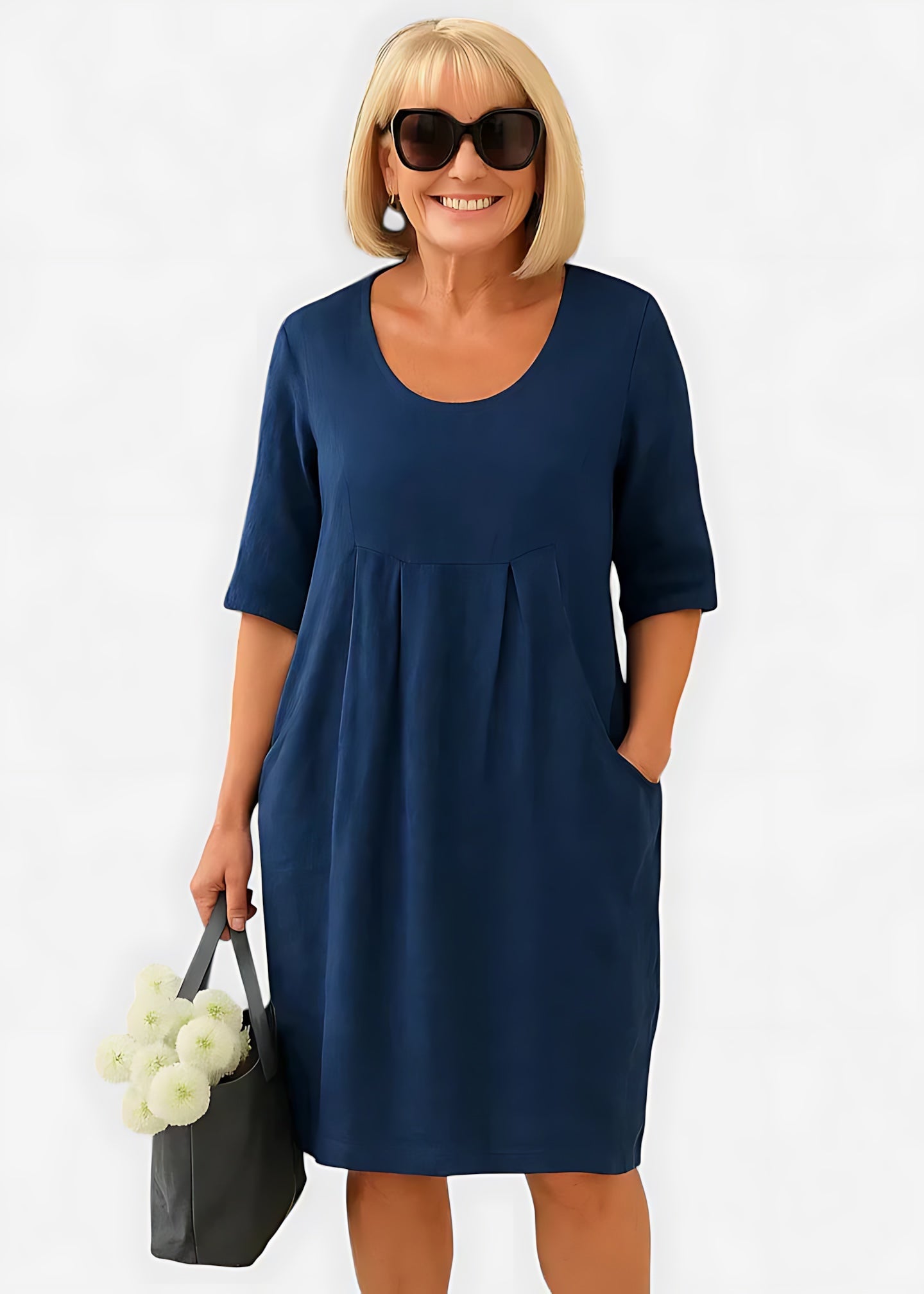 Evangeline – Ruched Front Crew Neck Summer Midi Dress
