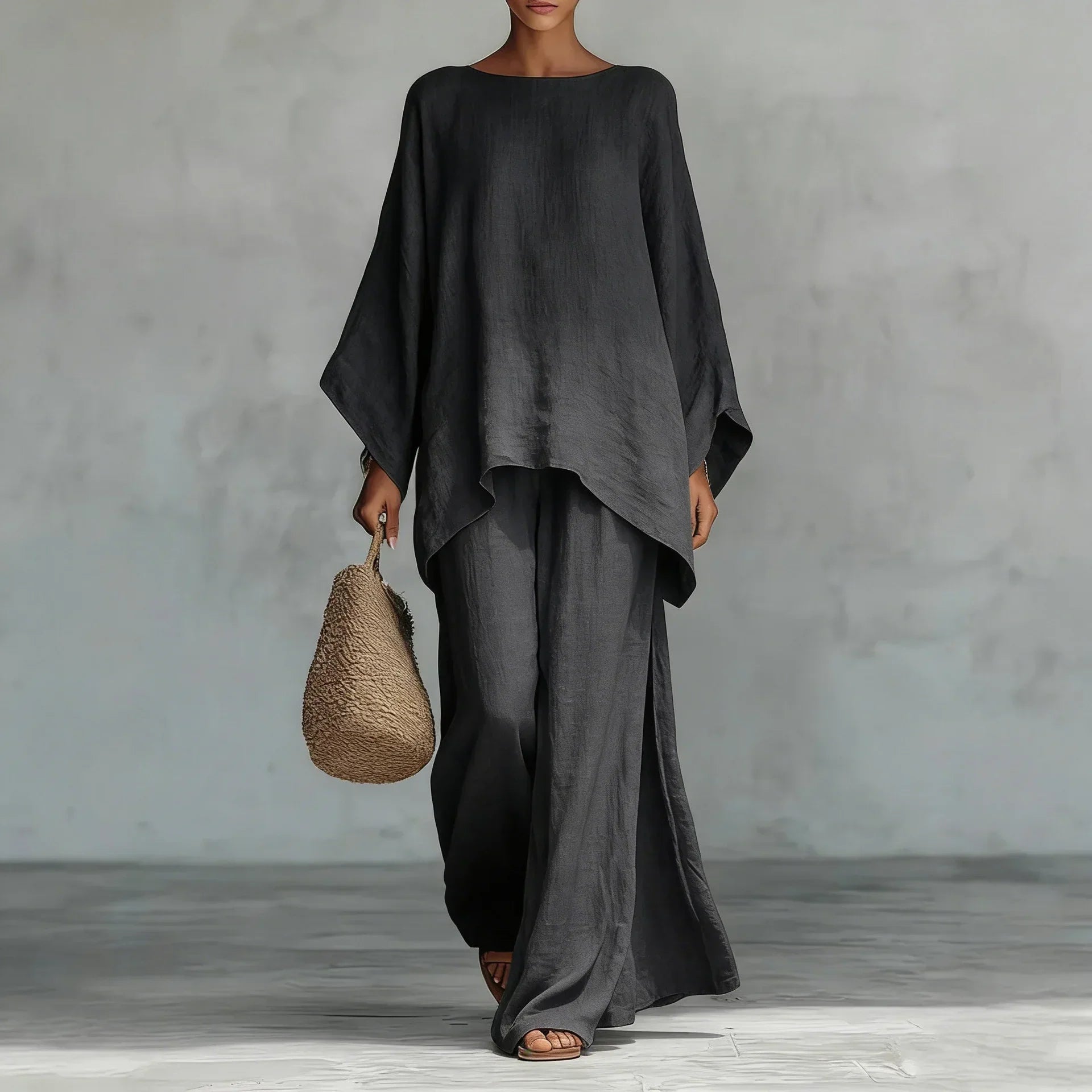 Lucy – Asymmetrical Knit Top and Wide Leg Pants Set