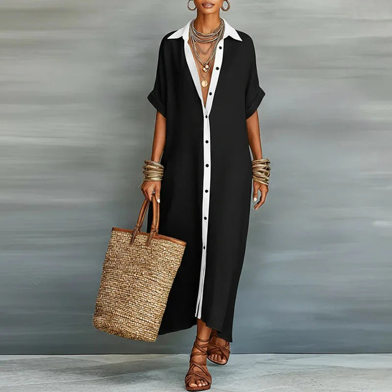 Emilia – Collared Roll Sleeve Maxi Shirt Dress