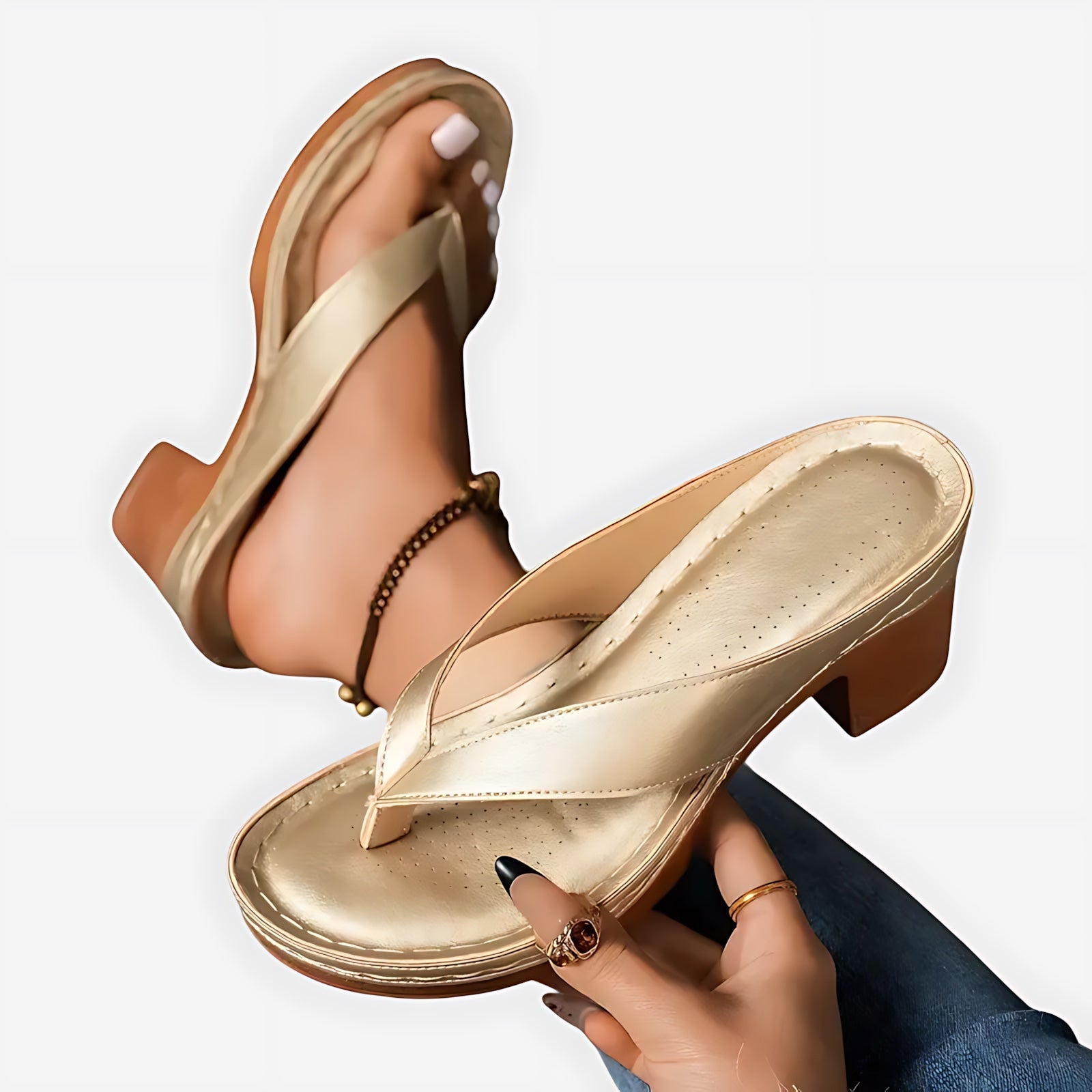 Faith – Metallic Thong Ankle Strap Sandals