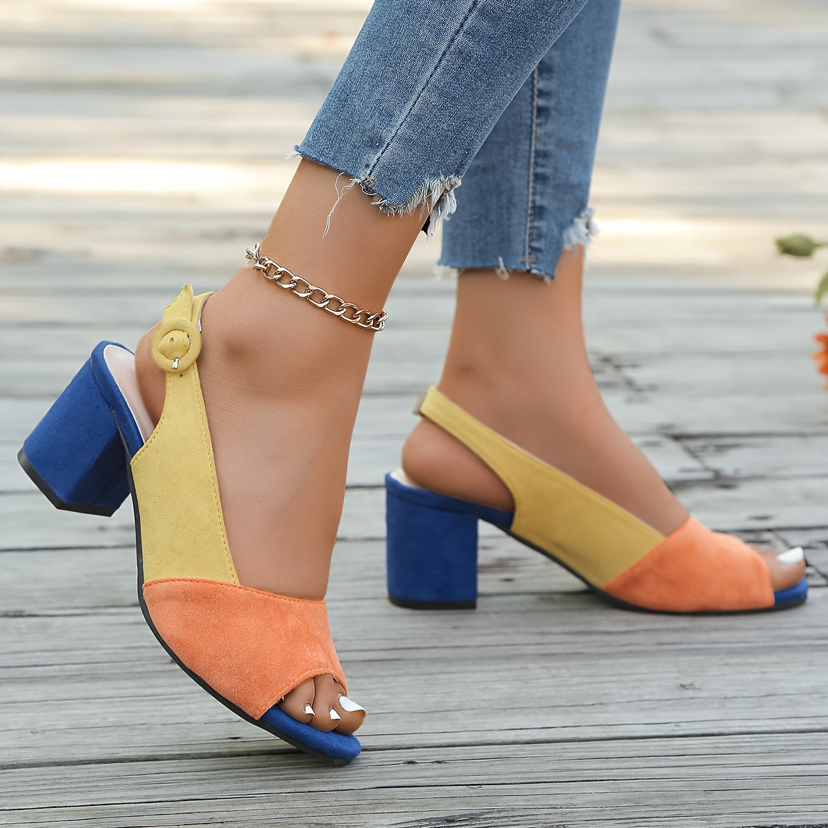 Blakely – Colorblock Peep Toe Block Heel Sandals