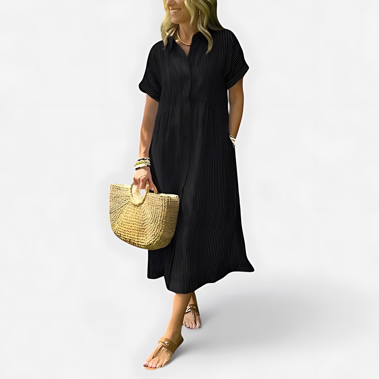 Fiona – Collared Short Sleeve Midi Shirt Dress