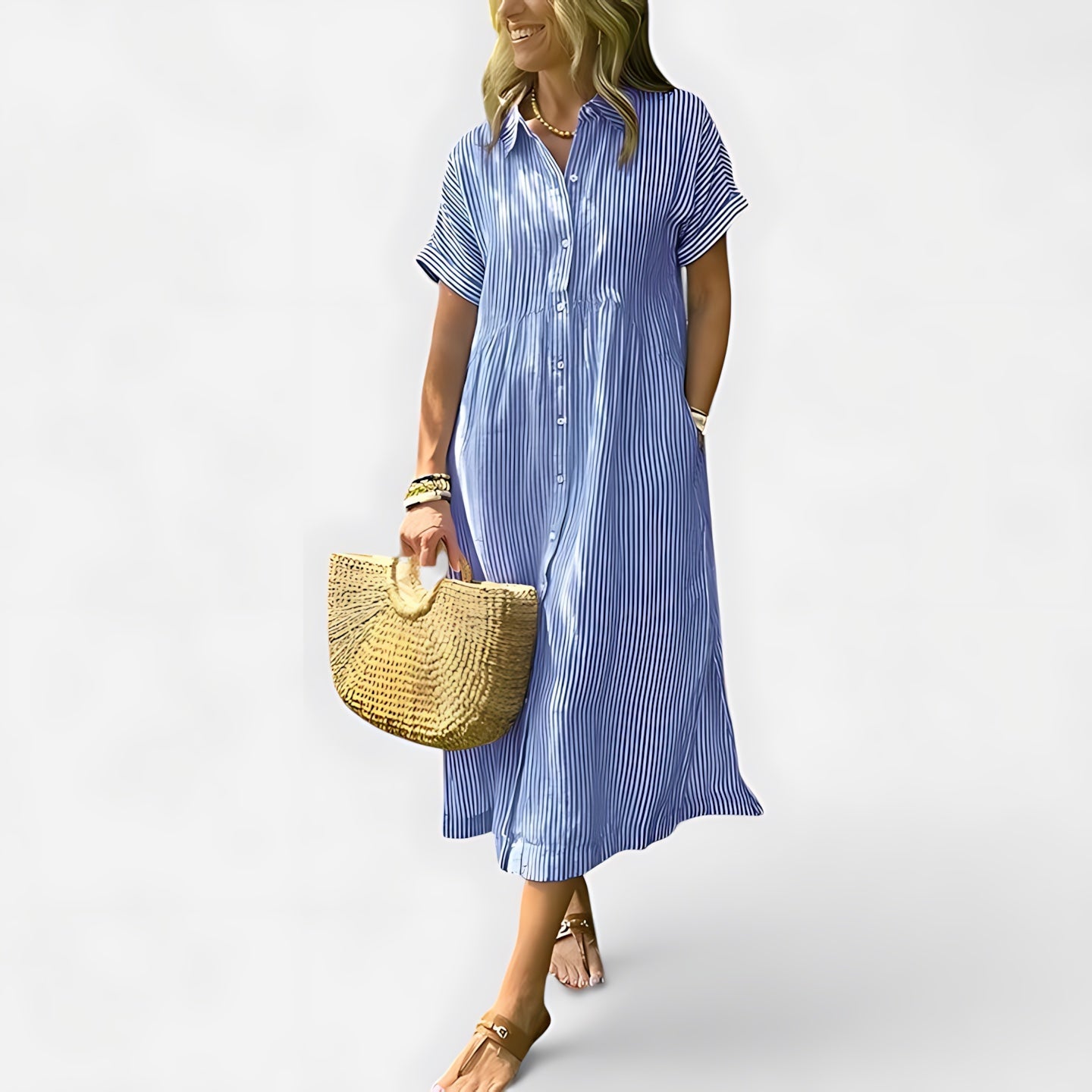Fiona – Collared Short Sleeve Midi Shirt Dress
