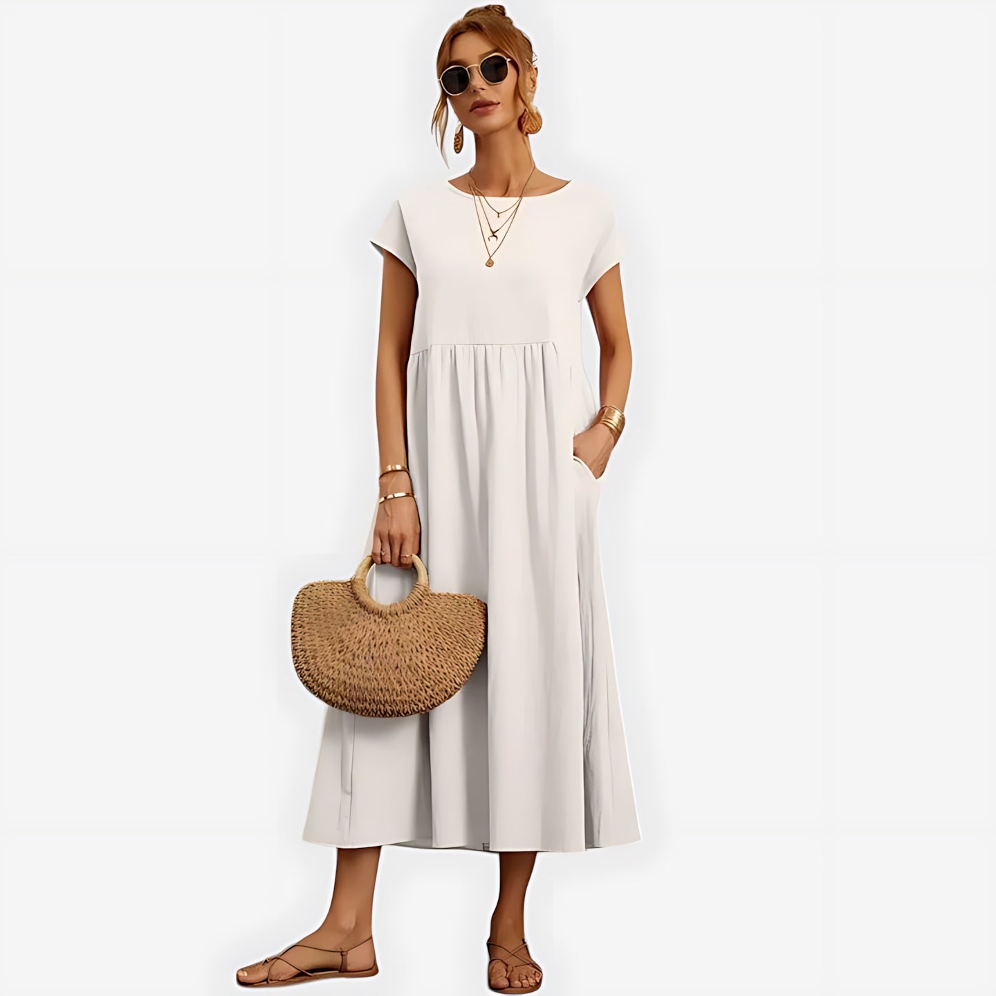 Fiona – Crew Neck A Line Summer Midi Dress
