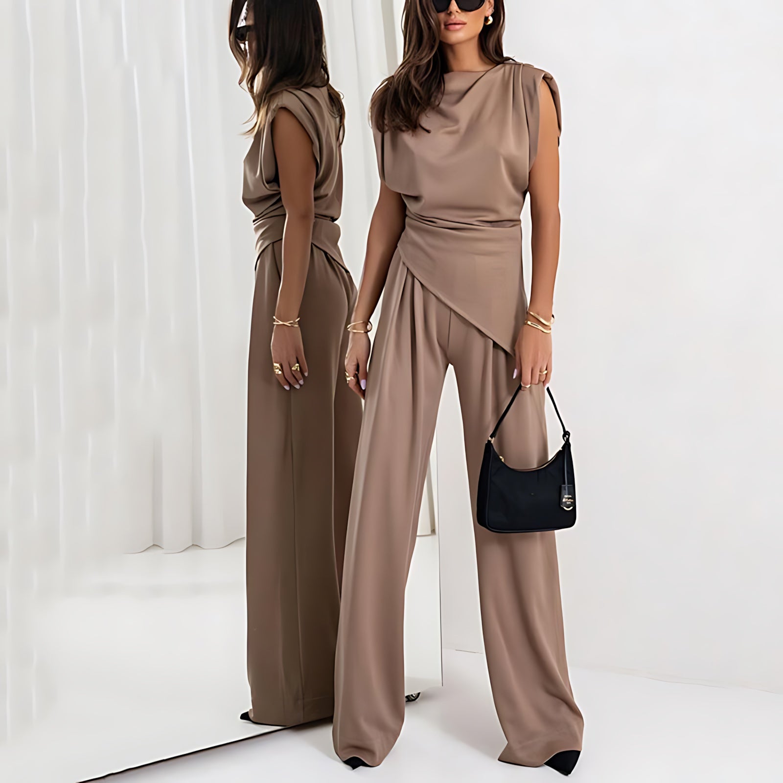 Fiona – Mock Neck Top and Pleated Wide Leg Pants Set