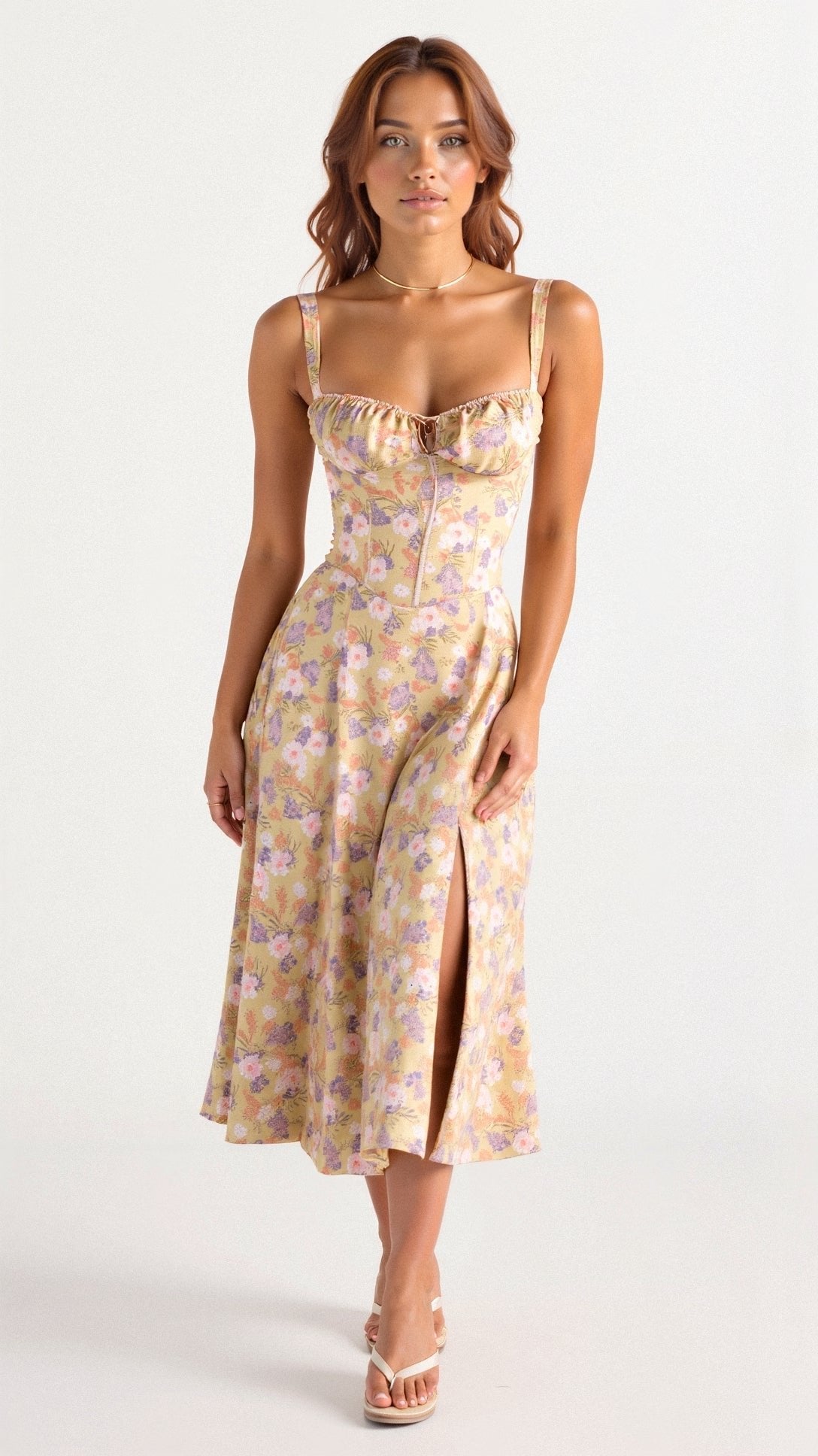 Amber – Floral Corset Sweetheart Cocktail Midi Dress