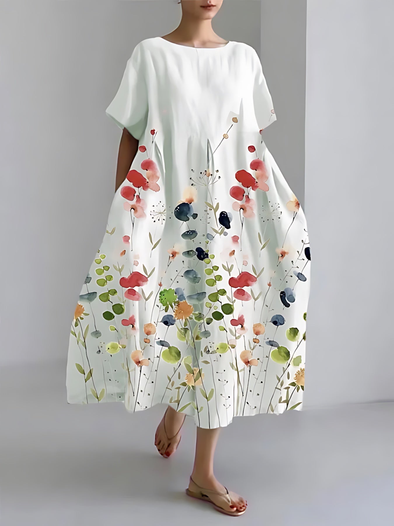 Florence – Floral Print Crew Neck A Line Maxi Dress