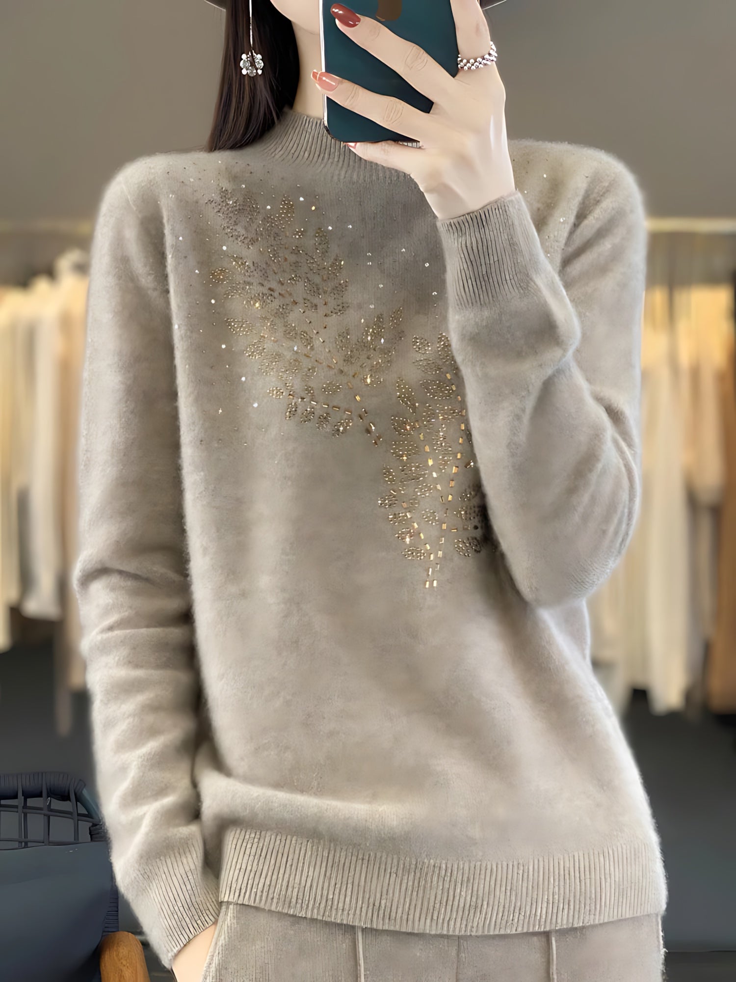 Frances – Embellished Mock Neck Knit Sweater
