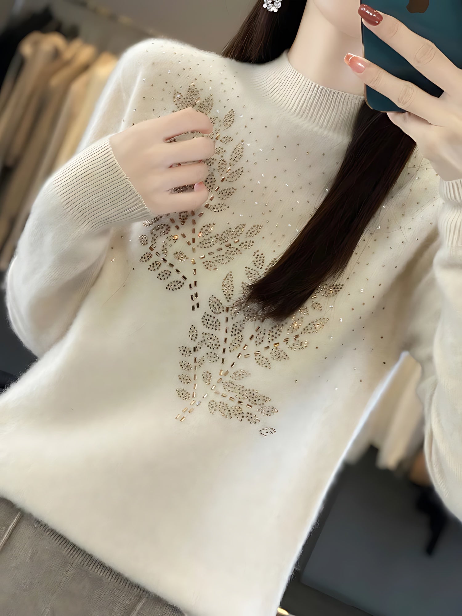 Frances – Embellished Mock Neck Knit Sweater