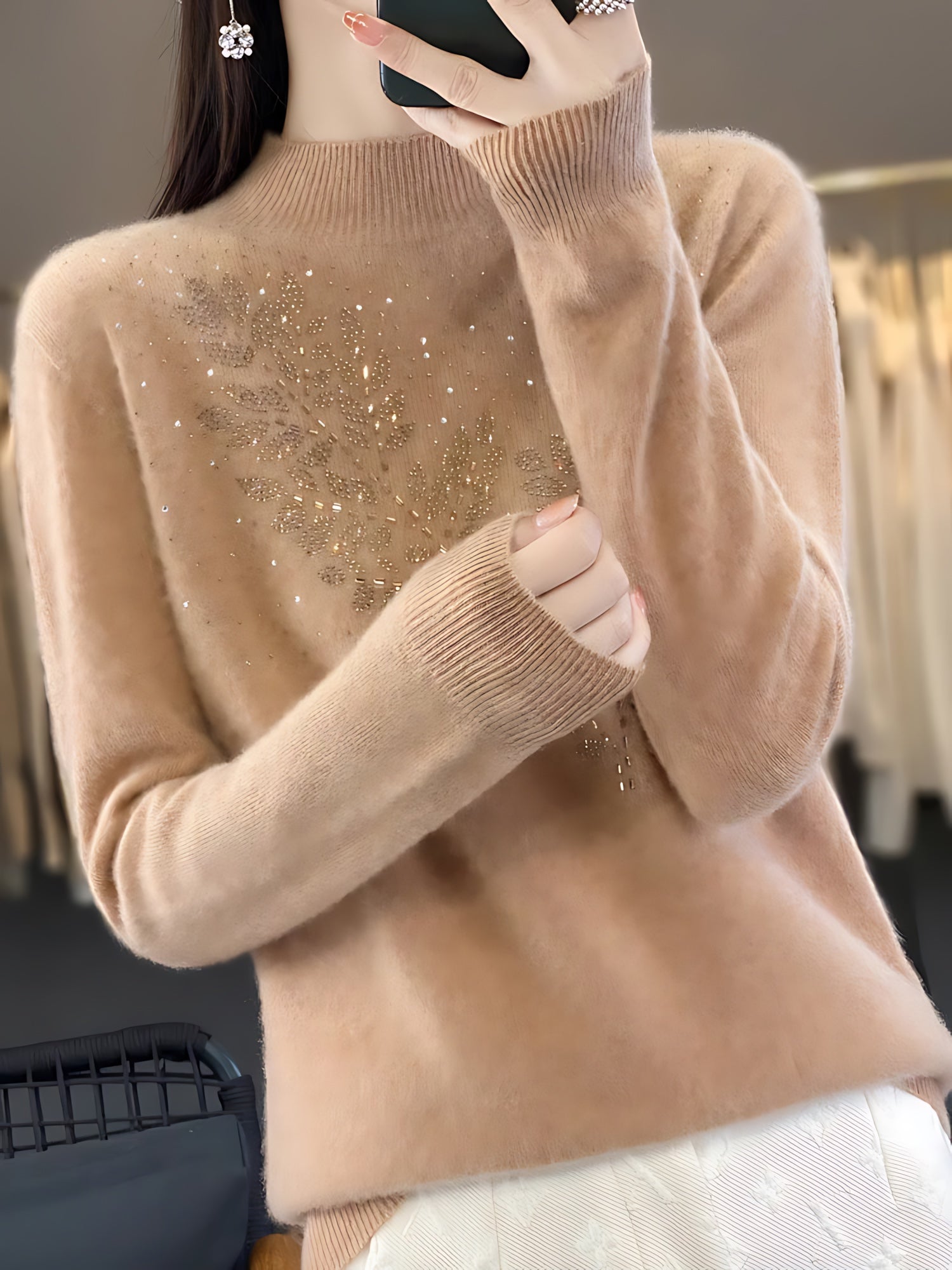 Frances – Embellished Mock Neck Knit Sweater