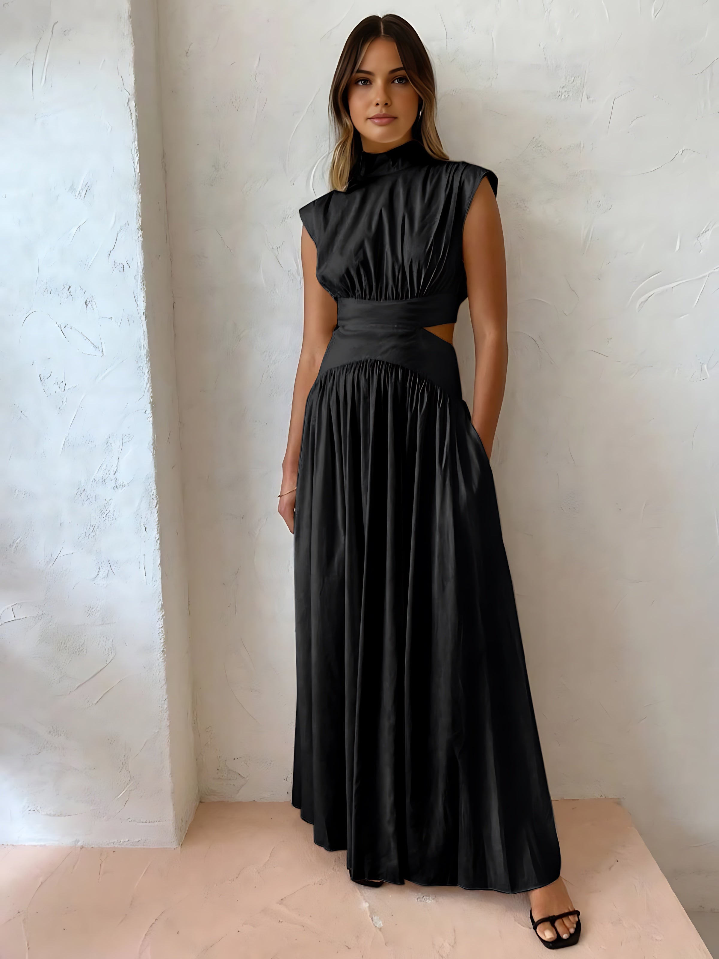 Frances – Mock Neck Cutout Pleated Evening Maxi Dress