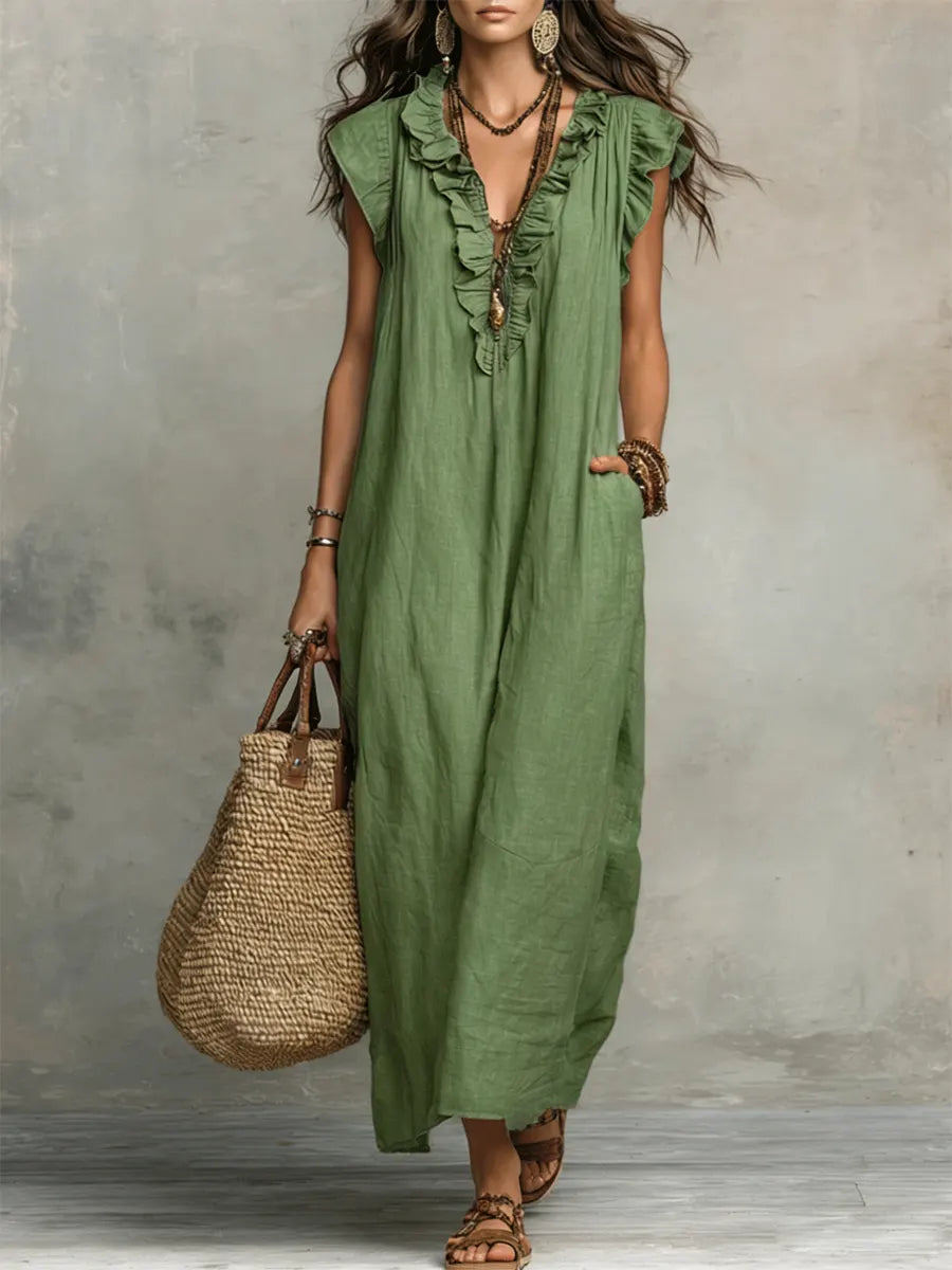 Journee – Ruffle V Neck Flowy Summer Maxi Dress