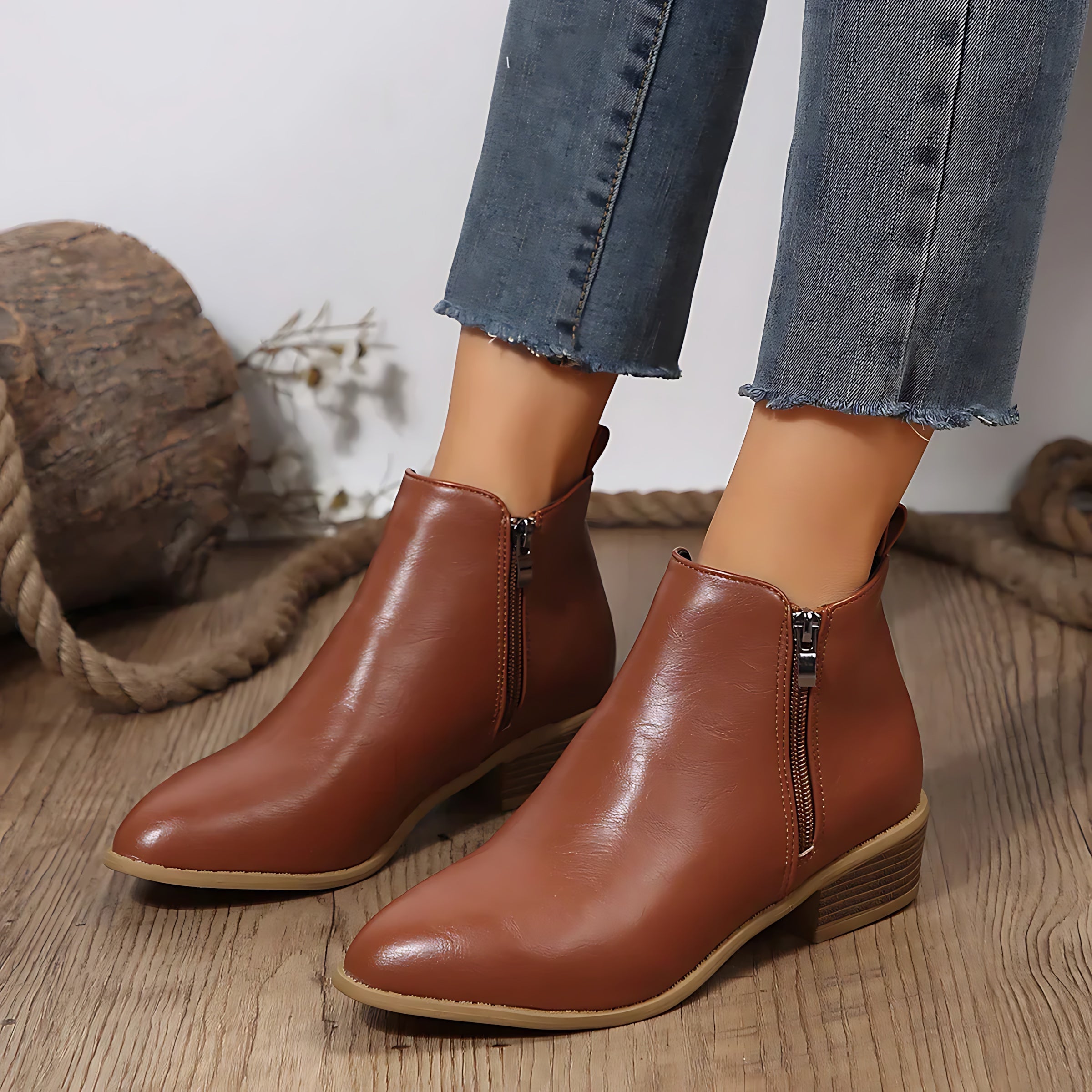 Freya – Leather Block Heel Ankle Boots
