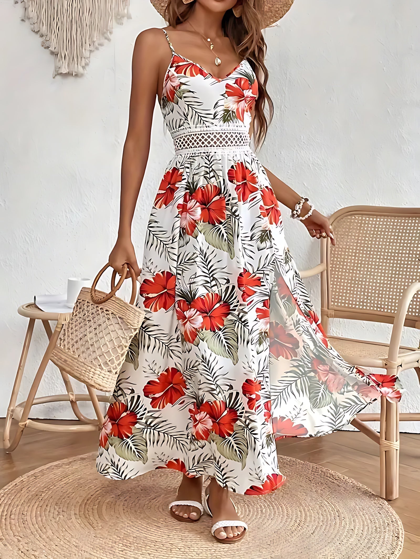 Freya – Tropical Floral Ruffle Wedding Guest Midi Dress