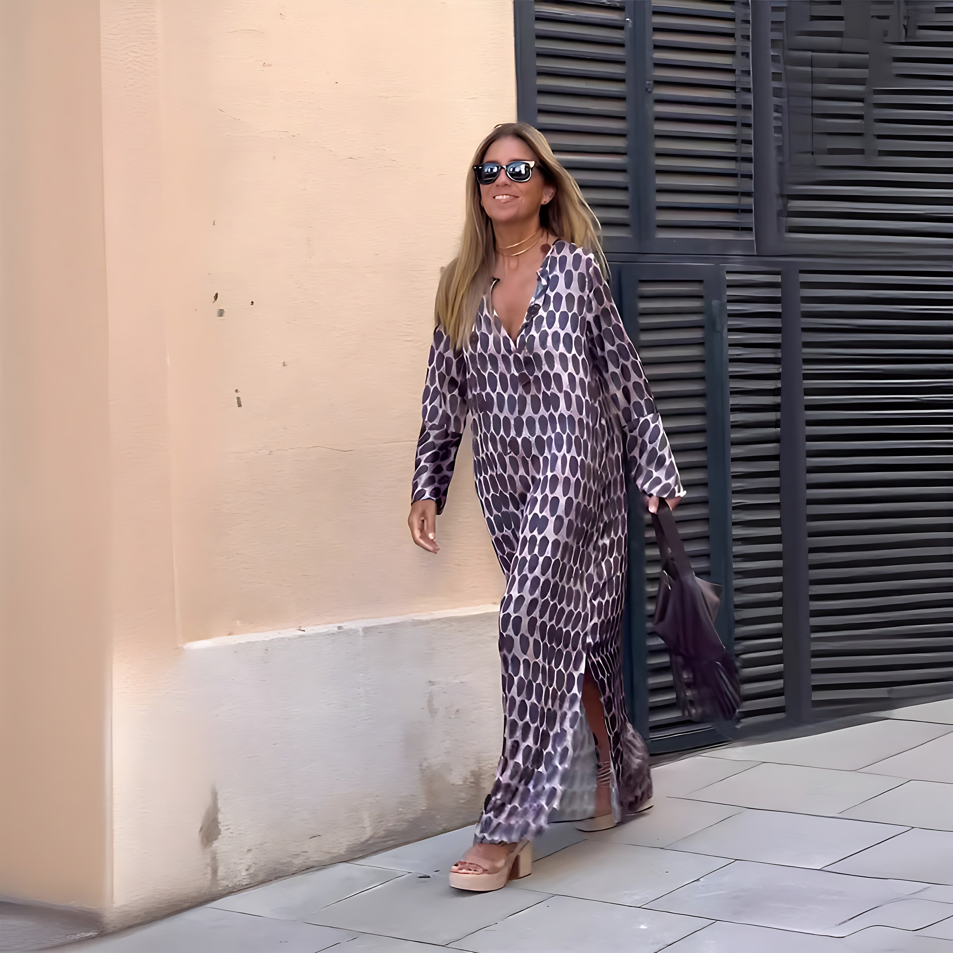Gabriella – Boho Print Long Sleeve Slit Maxi Dress