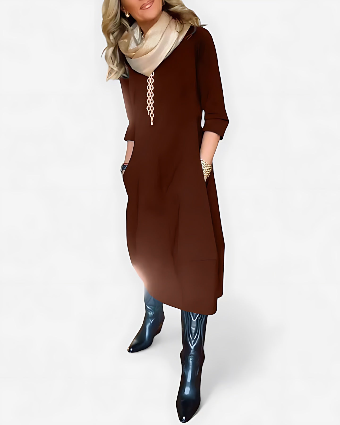 Gabriella – Round Neck 3/4 Sleeve Shift Midi Dress